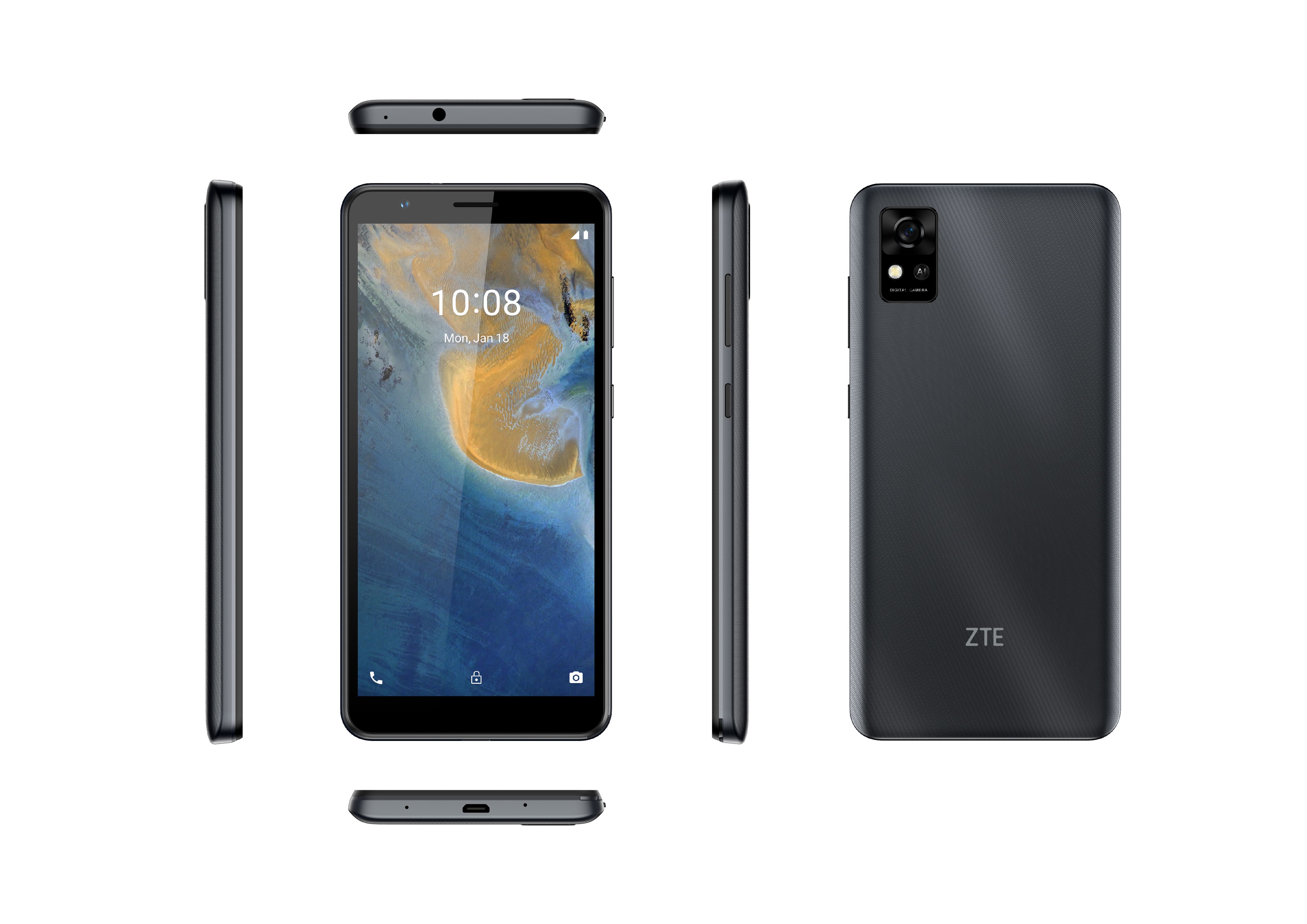 Mehrere Ansichten eines schwarzen ZTE-Smartphones. Zeigt Vorder-, Rück- und Seitenansichten.