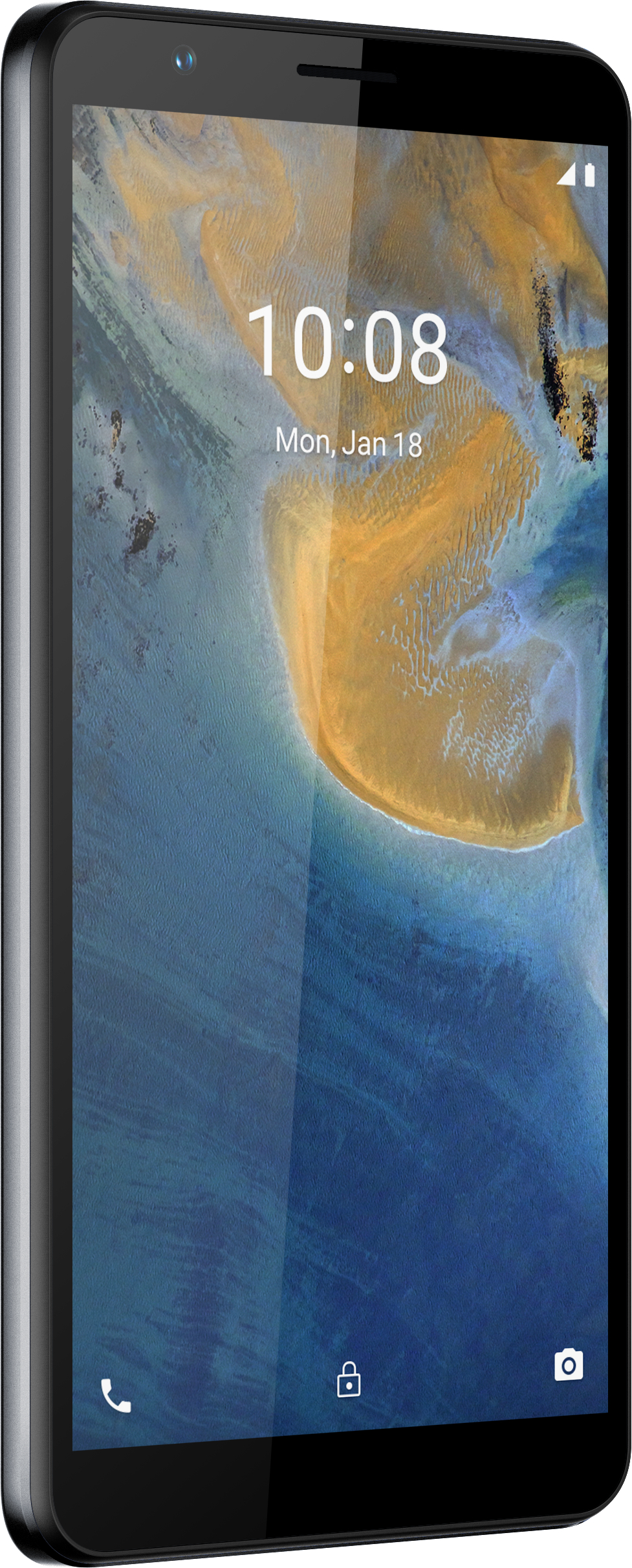 Ein schwarzes Smartphone, das die Uhrzeit 10:08 anzeigt, mit blauem und braunem Hintergrund.