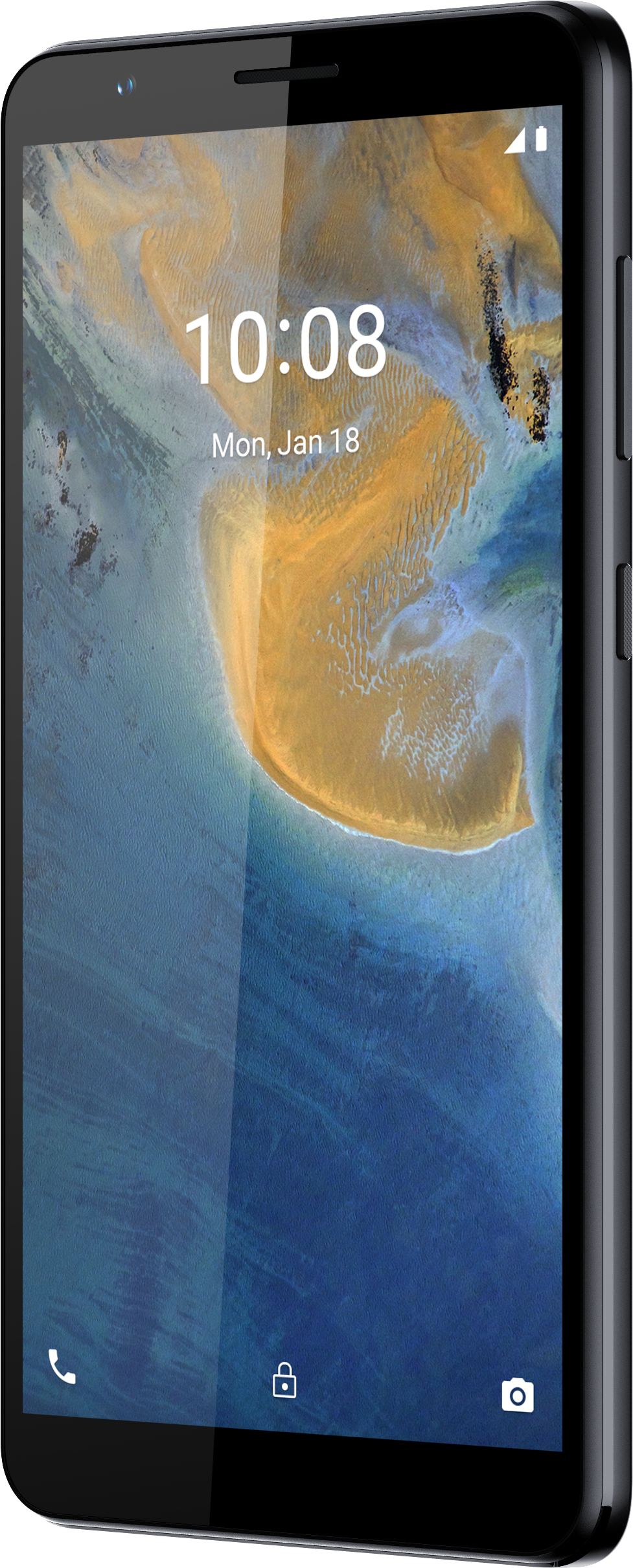 Ein schwarzes Smartphone mit einem Bildschirm, der die Uhrzeit und ein Landschaftsbild zeigt.