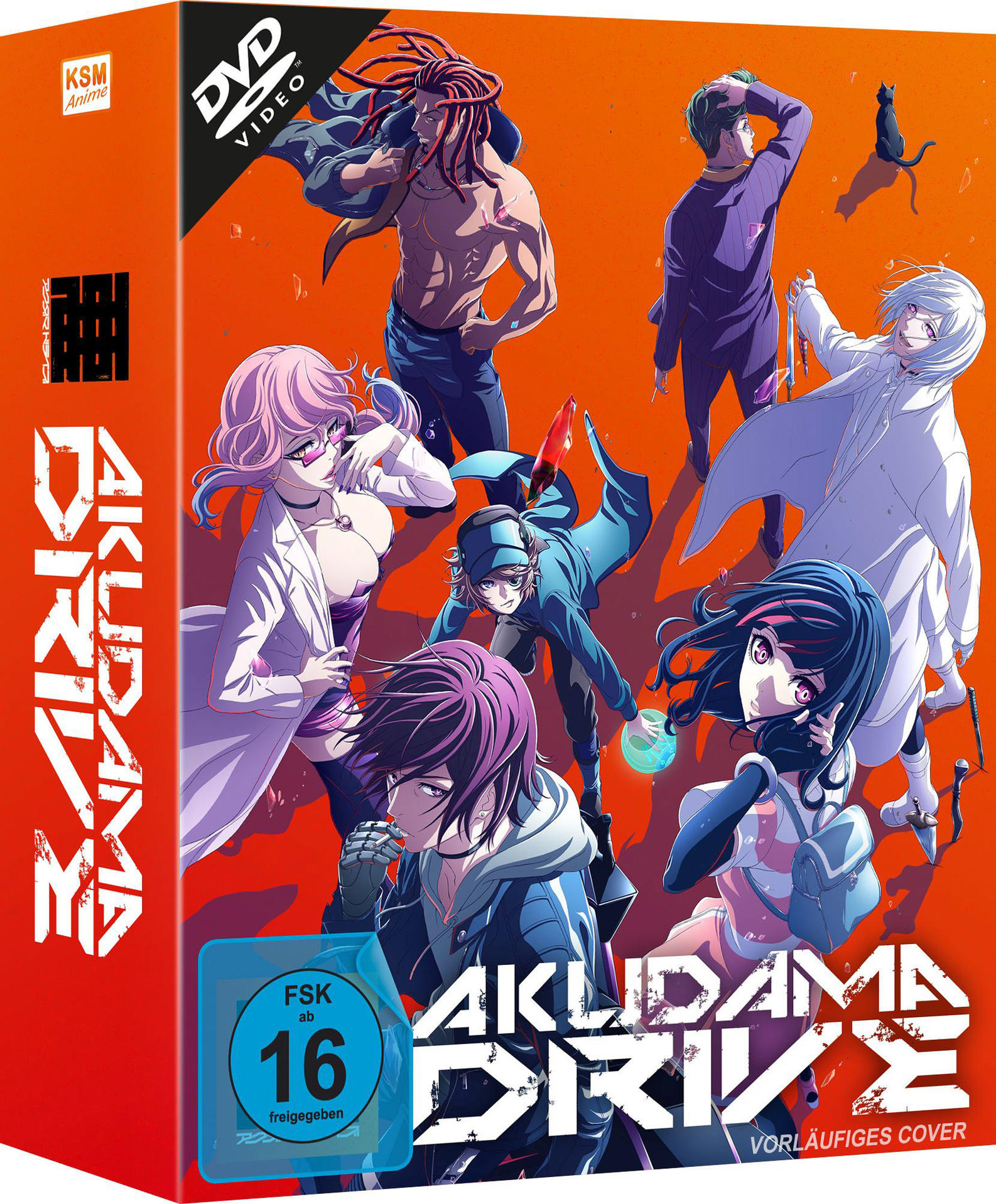 DVD-Cover von 'Akudama Drive' mit Anime-Charakteren in orange-weißem Design.