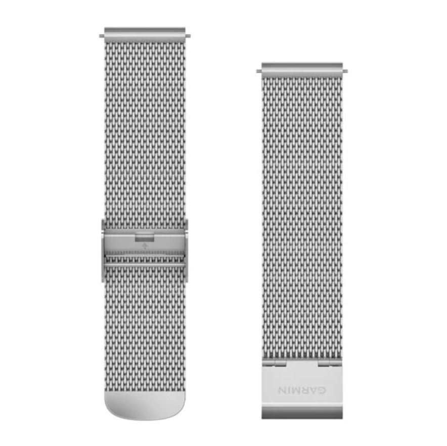 Zwei silberne Uhrenarmbänder mit Mesh-Design und Verschlüssen. Eines zeigt das Garmin-Logo.