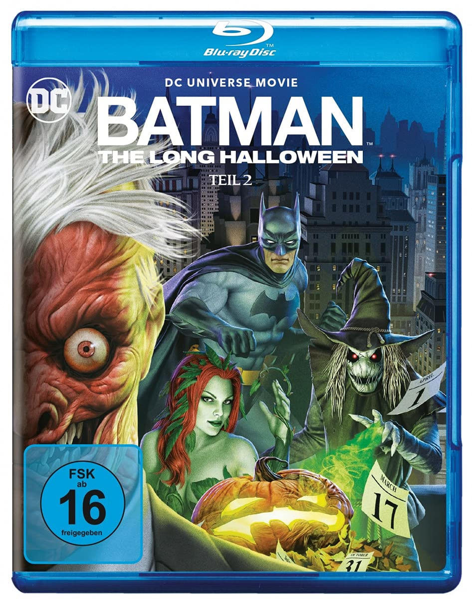 Batman: The Long Halloween Teil 2 Blu-ray-Cover, mit Charakteren und blauem Hintergrund. DC-Logo.