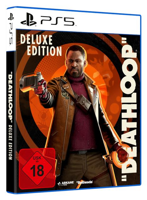 Spielbox von Deathloop Deluxe Edition für PS5, mit einem Mann, der eine Waffe hält. Orangefarbener und schwarzer Hintergrund.