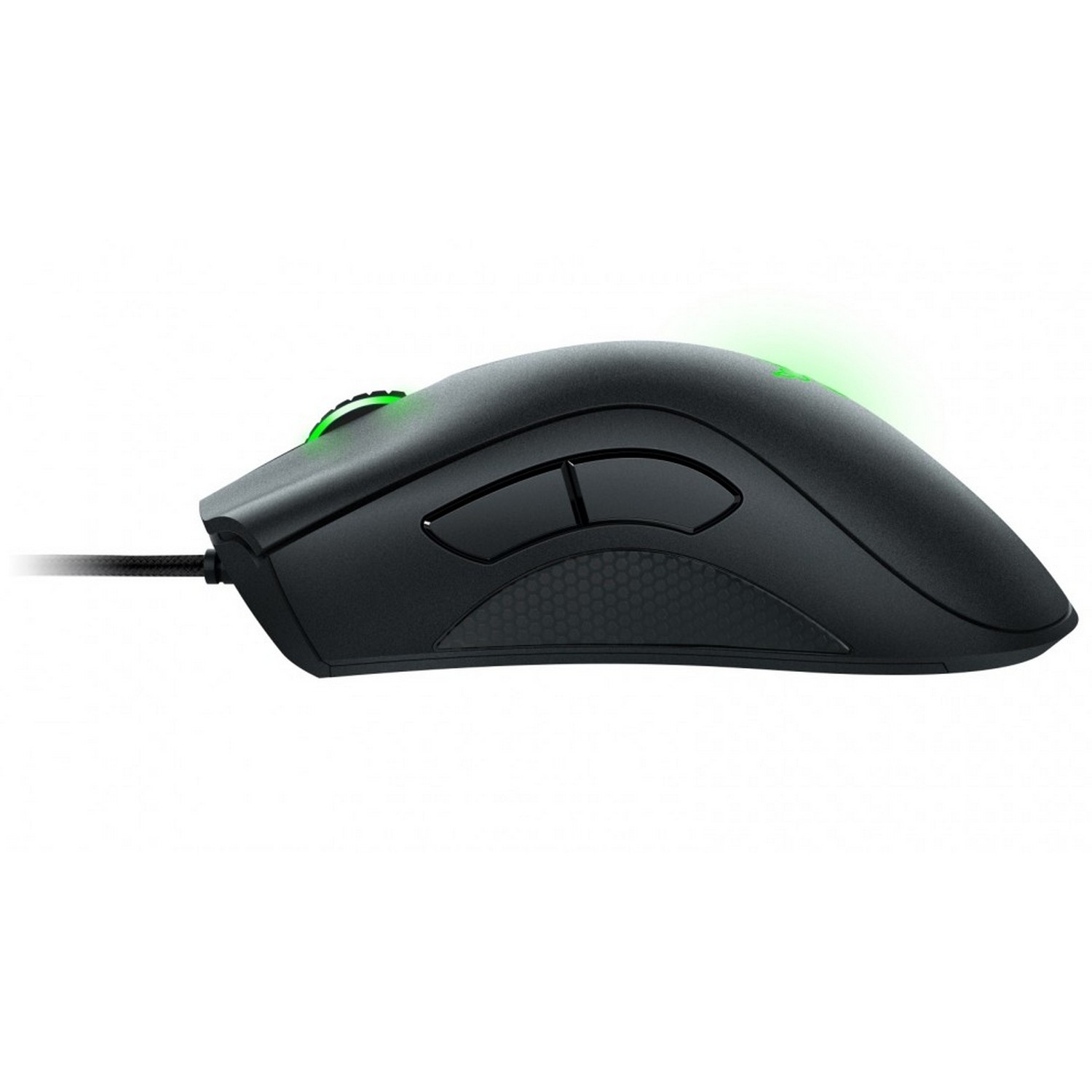 Un ratón gaming negro con iluminación verde, vista superior. Tiene botones y un cable.