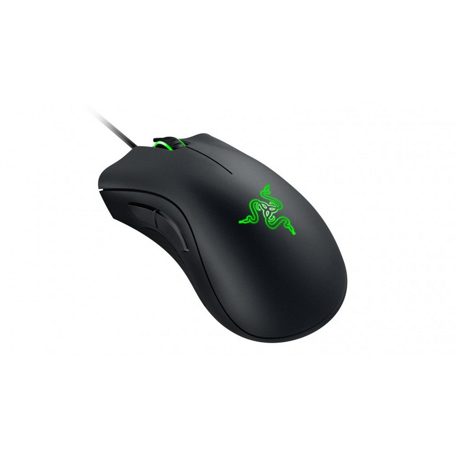Ratón gaming Razer negro con logo verde Razer y dos botones laterales.