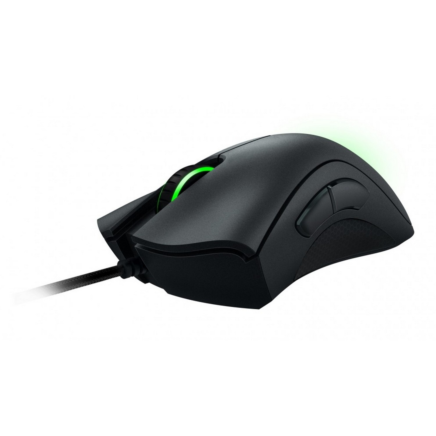 Ratón gaming negro con luz verde en la parte superior.