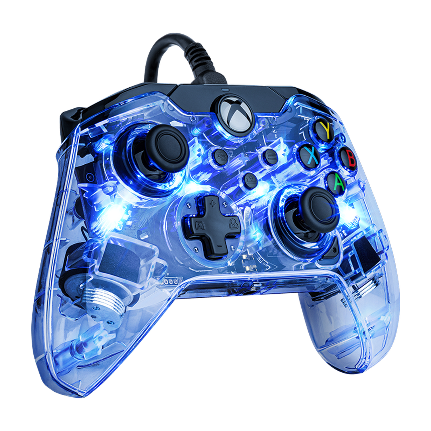 Un mando de juegos azul transparente con botones e iluminaciones.