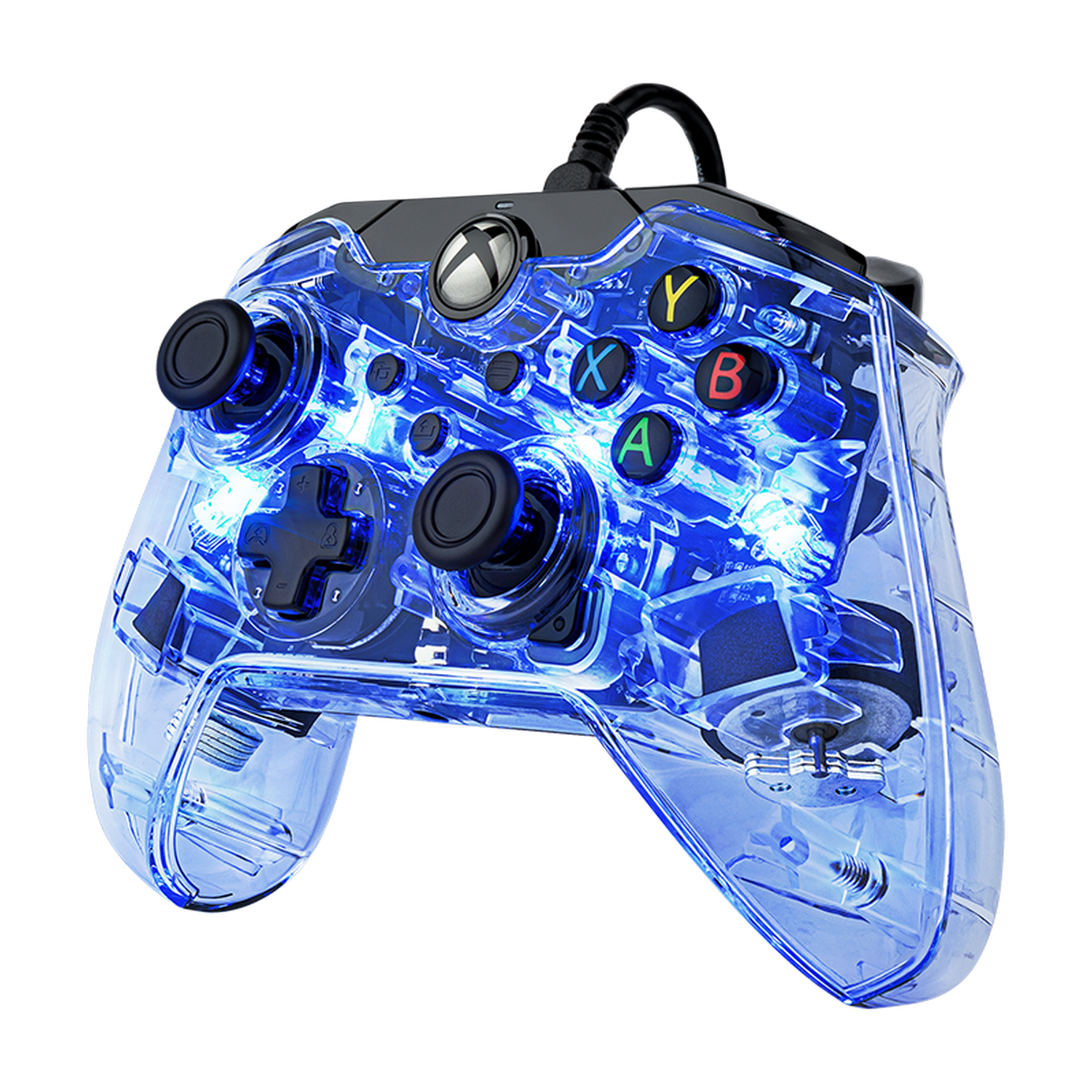 Mando Xbox transparente con luces internas azules. Botones coloreados: A, B, X, Y.