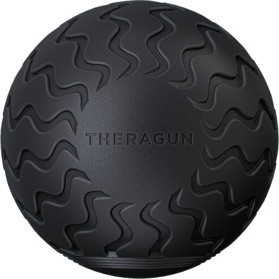 Ein schwarzer, strukturierter Massageball mit dem Wort "THERAGUN" auf der Oberfläche.