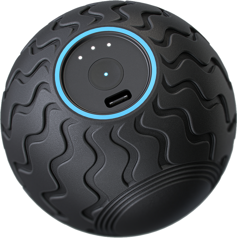 Ein schwarzer Massageball. Er hat einen blauen Ring und drei weiße Lichter oben.