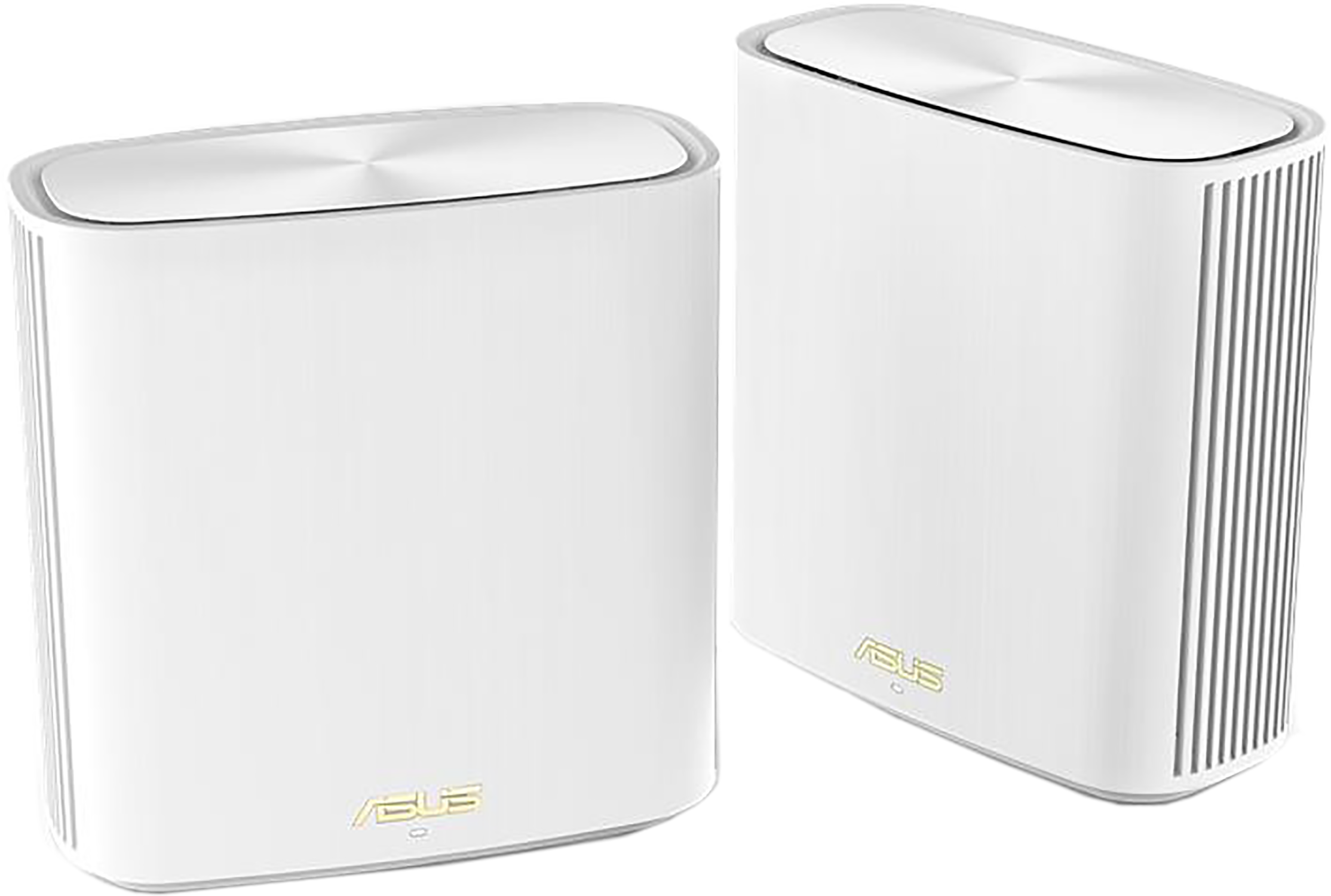 Twee witte Asus mesh Wi-Fi-routers, naast elkaar.