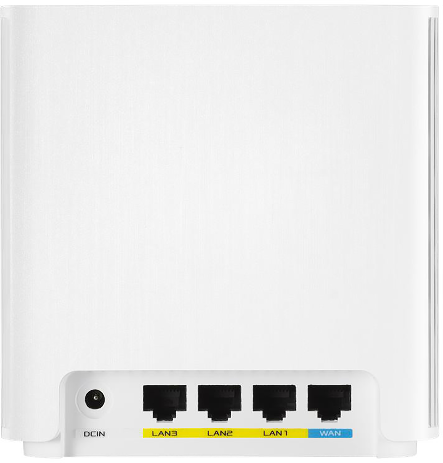 Achterkant van een witte router met poorten met het label LAN1-3, WAN en DCIN.