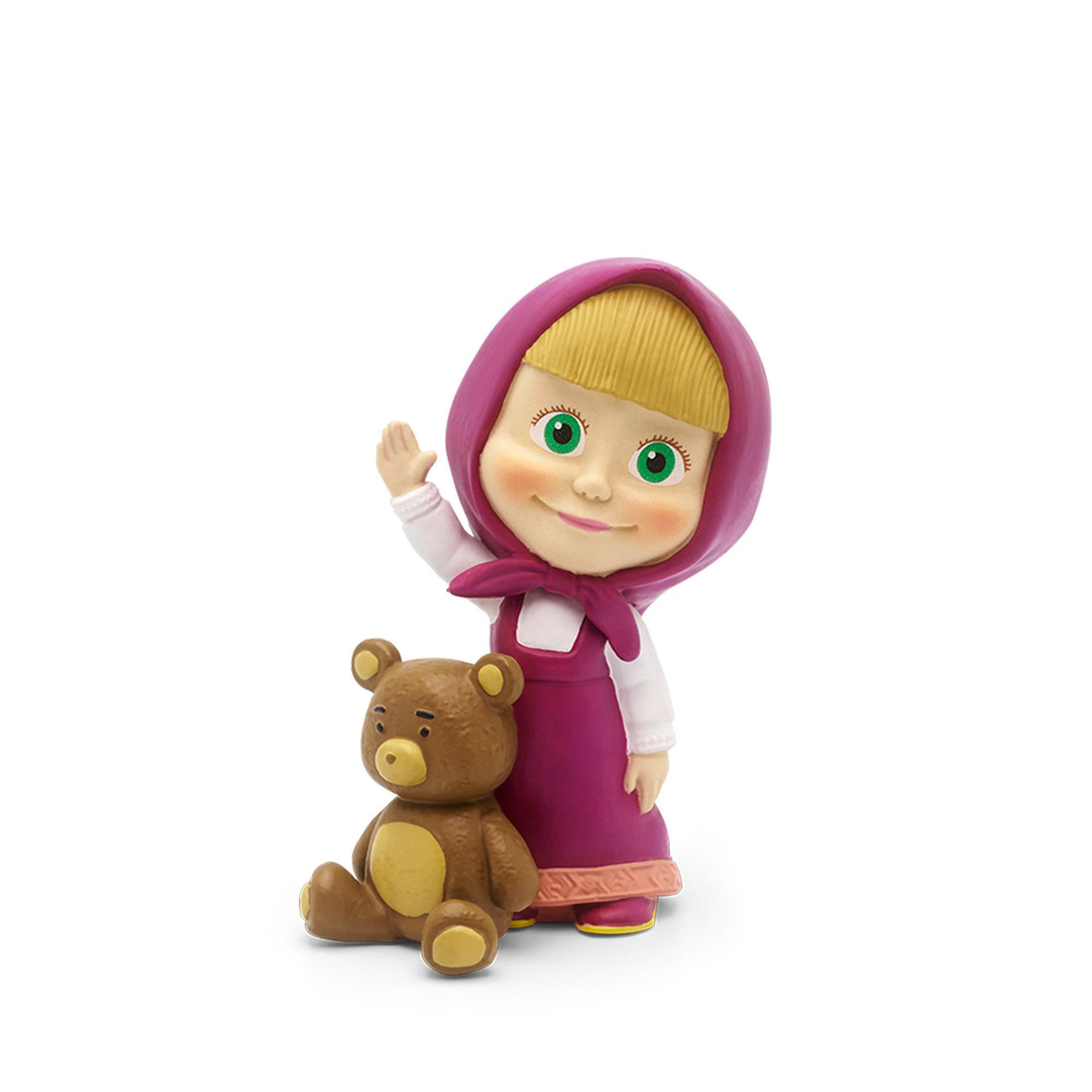 Cartoon-Mädchenfigur mit einem Bärenspielzeug. Sie winkt, auf weißem Hintergrund.