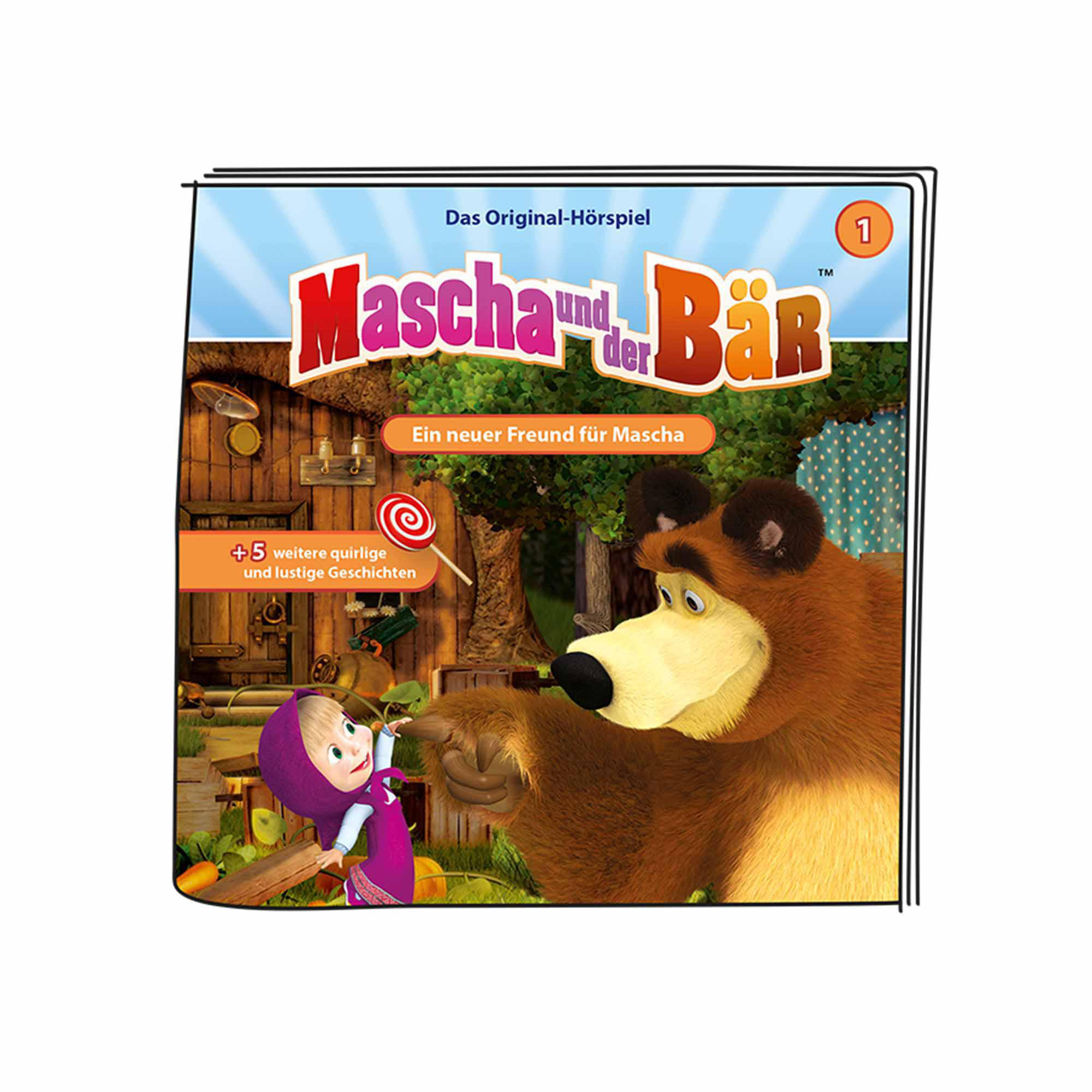 Ein Buchcover für 'Mascha und der Bär', ein Cartoon mit Mascha und dem Bären.