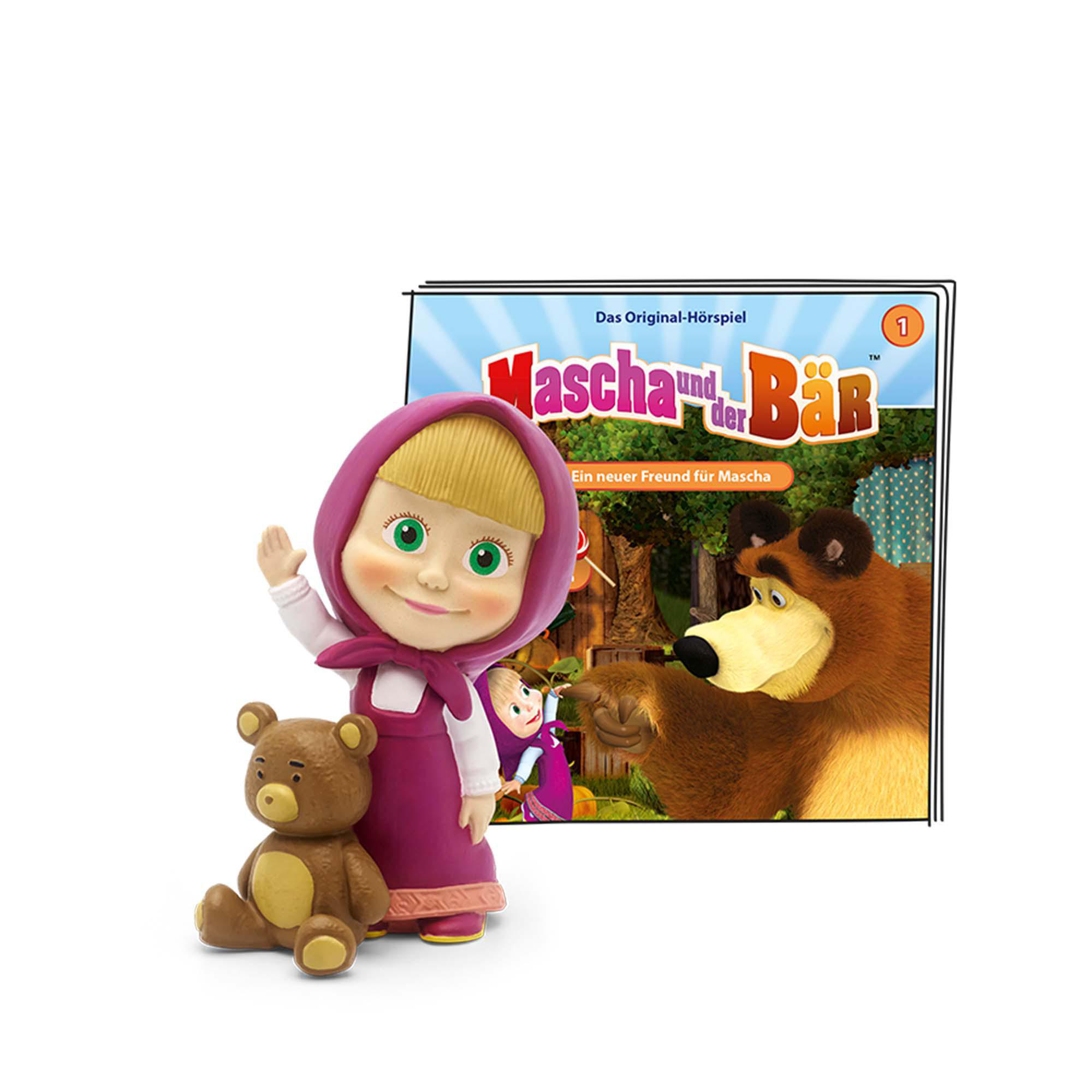 Ein Cartoon von einem Mädchen und einem Bären. Das Mädchen trägt ein lila Kleid. Es gibt ein Buch in der Nähe.