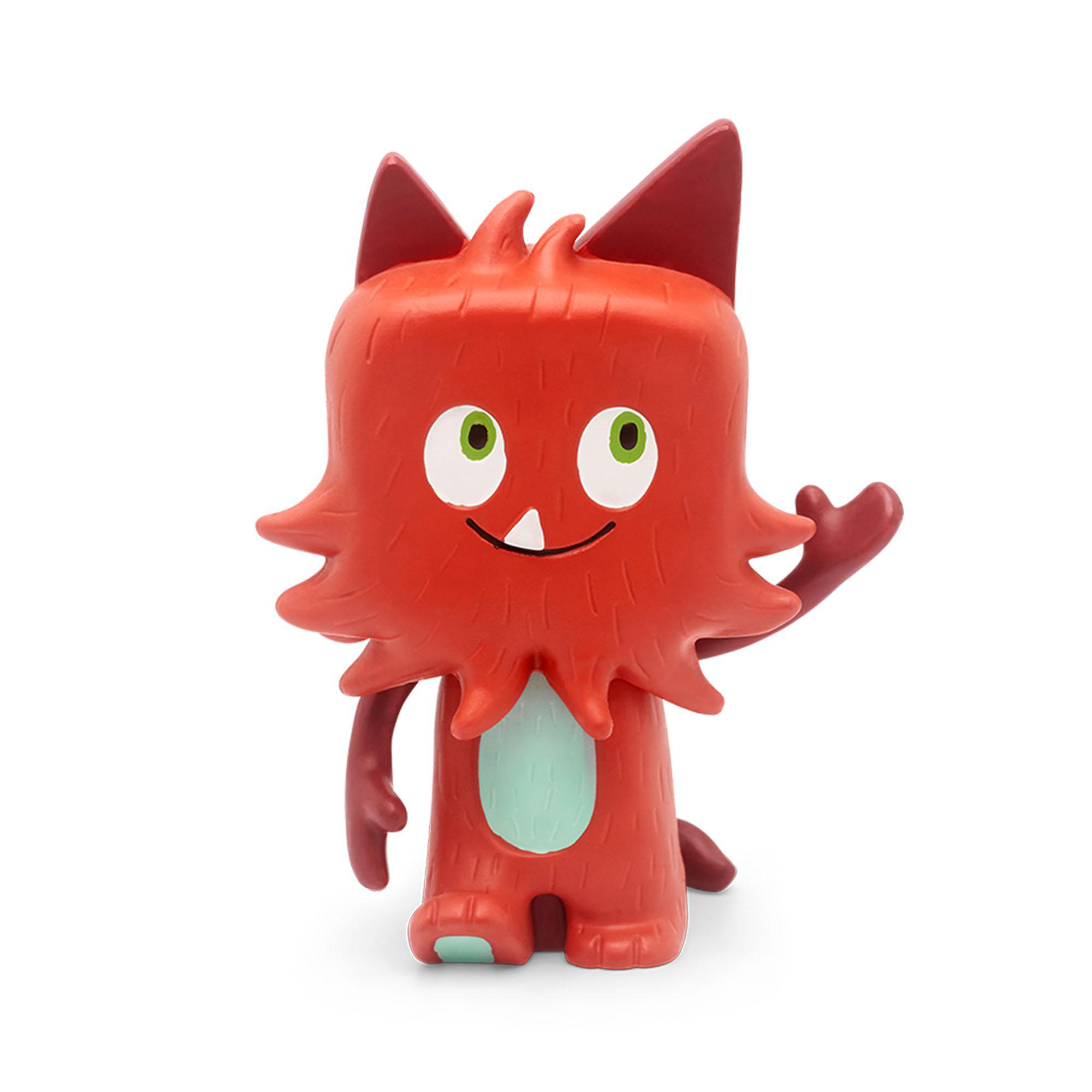 Rotes Monstermonsterspielzeug mit grünen Augen, hellgrünem Bauch und winkendem Arm.