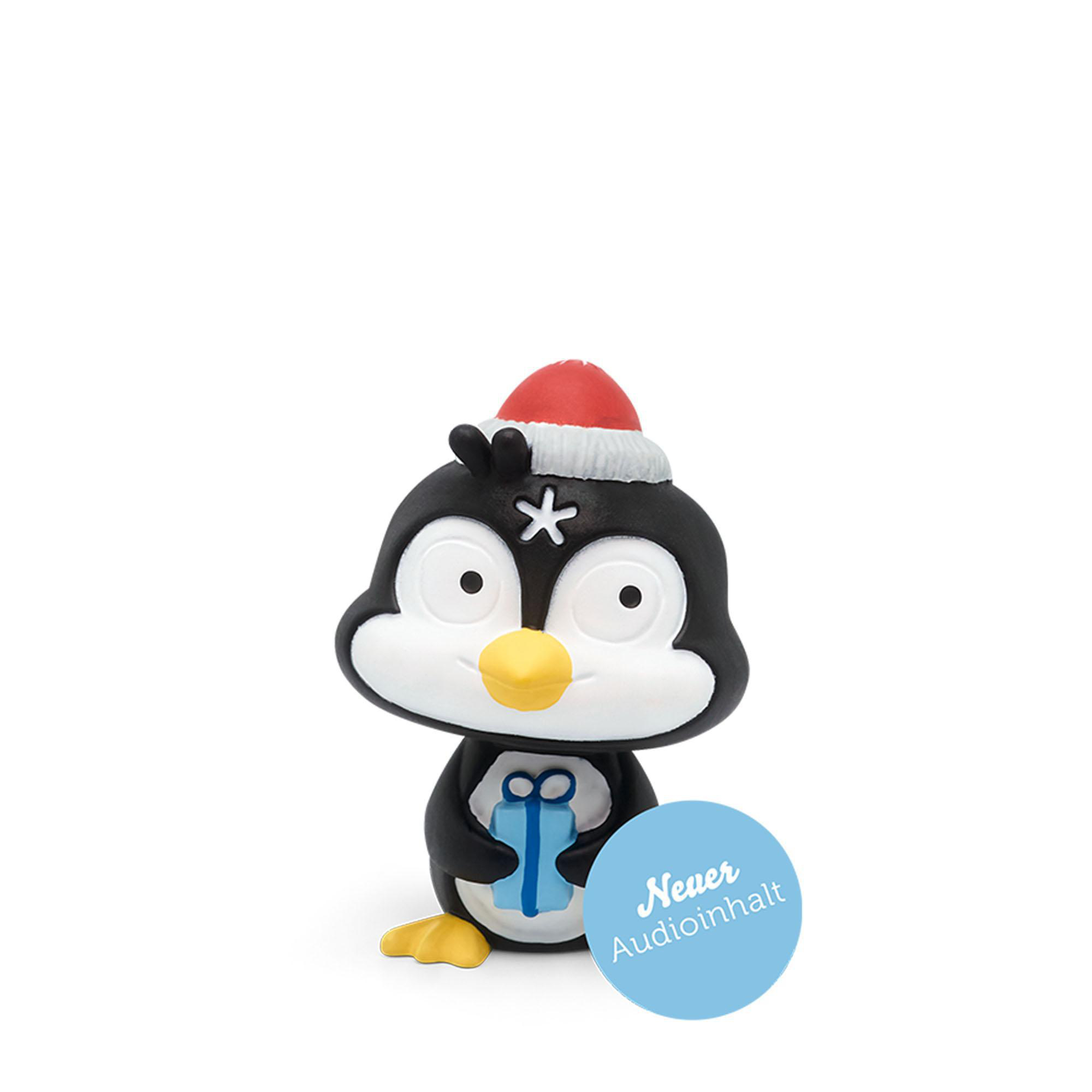 Ein Pinguin-Weihnachtsschmuck mit blauem Geschenk und roter Mütze. Ein blauer Kreis besagt "Never Audio Content".