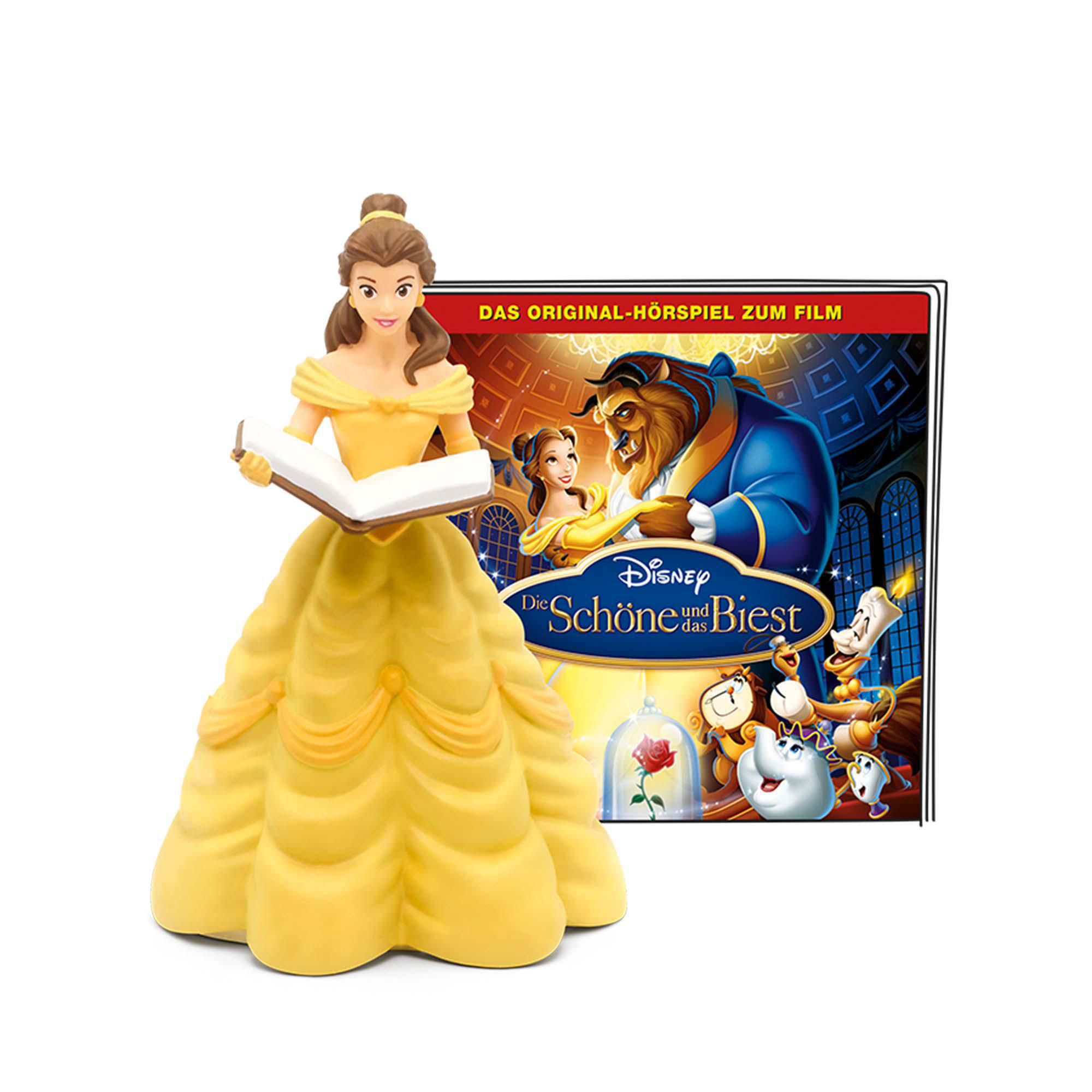 Belle-Figur mit Buch, im Hintergrund eine „Die Schöne und das Biest“ DVD-Hülle.