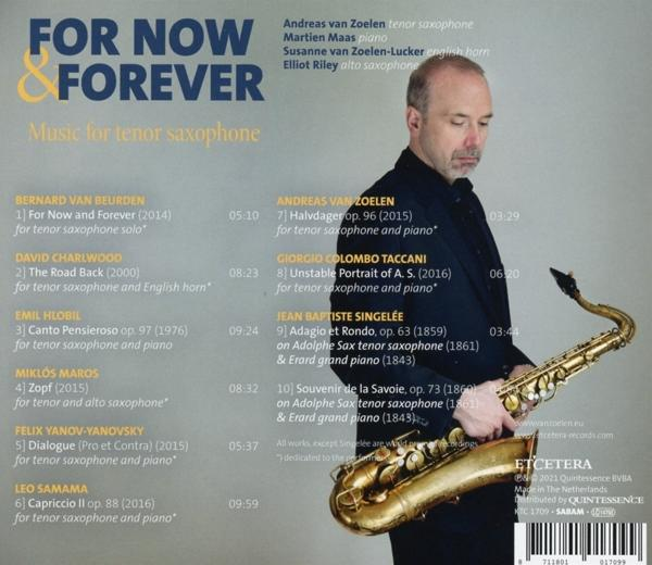 CD-hoes met een man die saxofoon speelt. Tekst bevat 'For Now & Forever' en muzikale details.