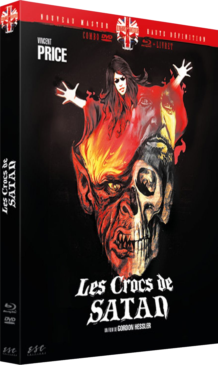 DVD-hoes met een schedel en een vrouw in vlammen, een horrorfilmposter.
