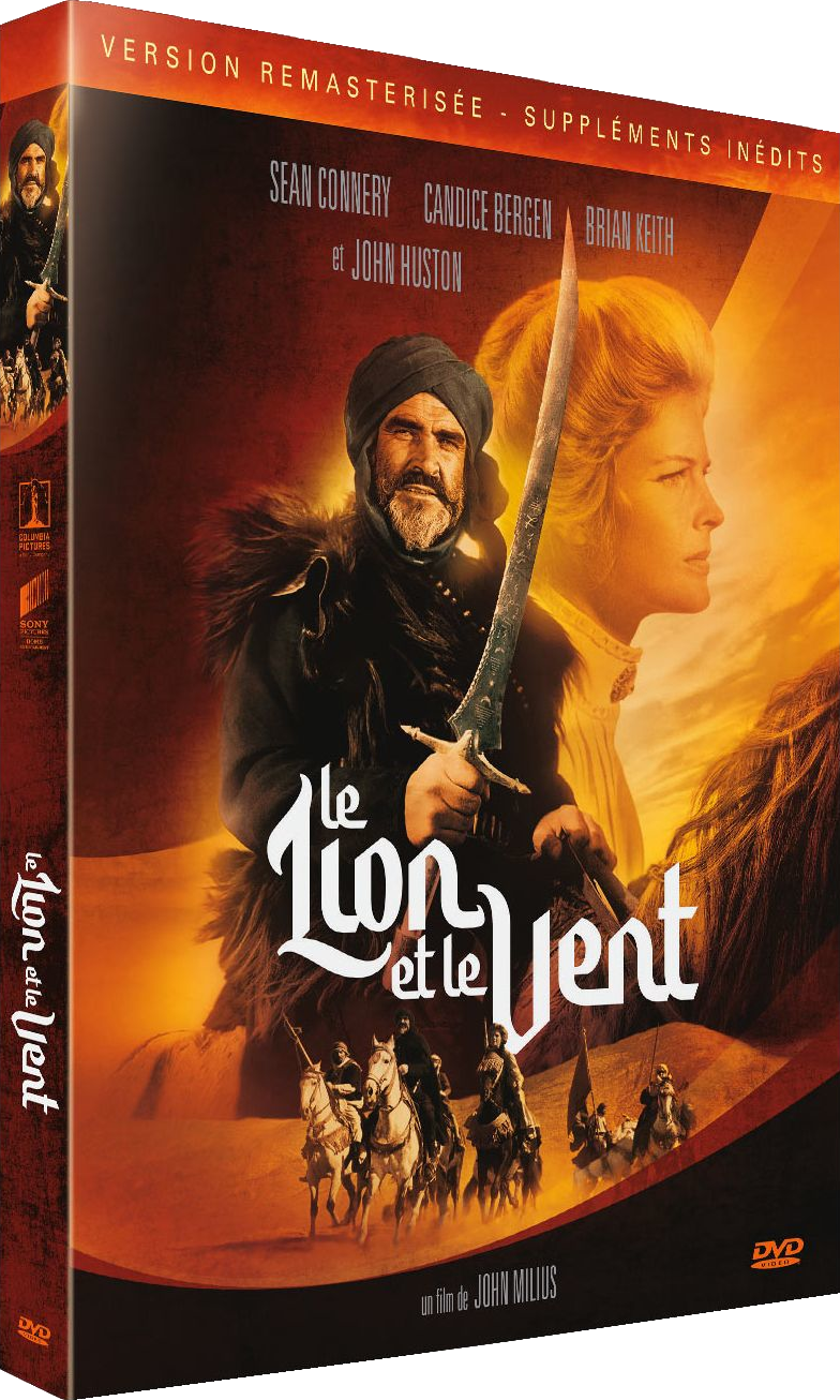 DVD-hoes met filmposter: twee mensen te paard, tekst 'Le Lion et le Vent'.