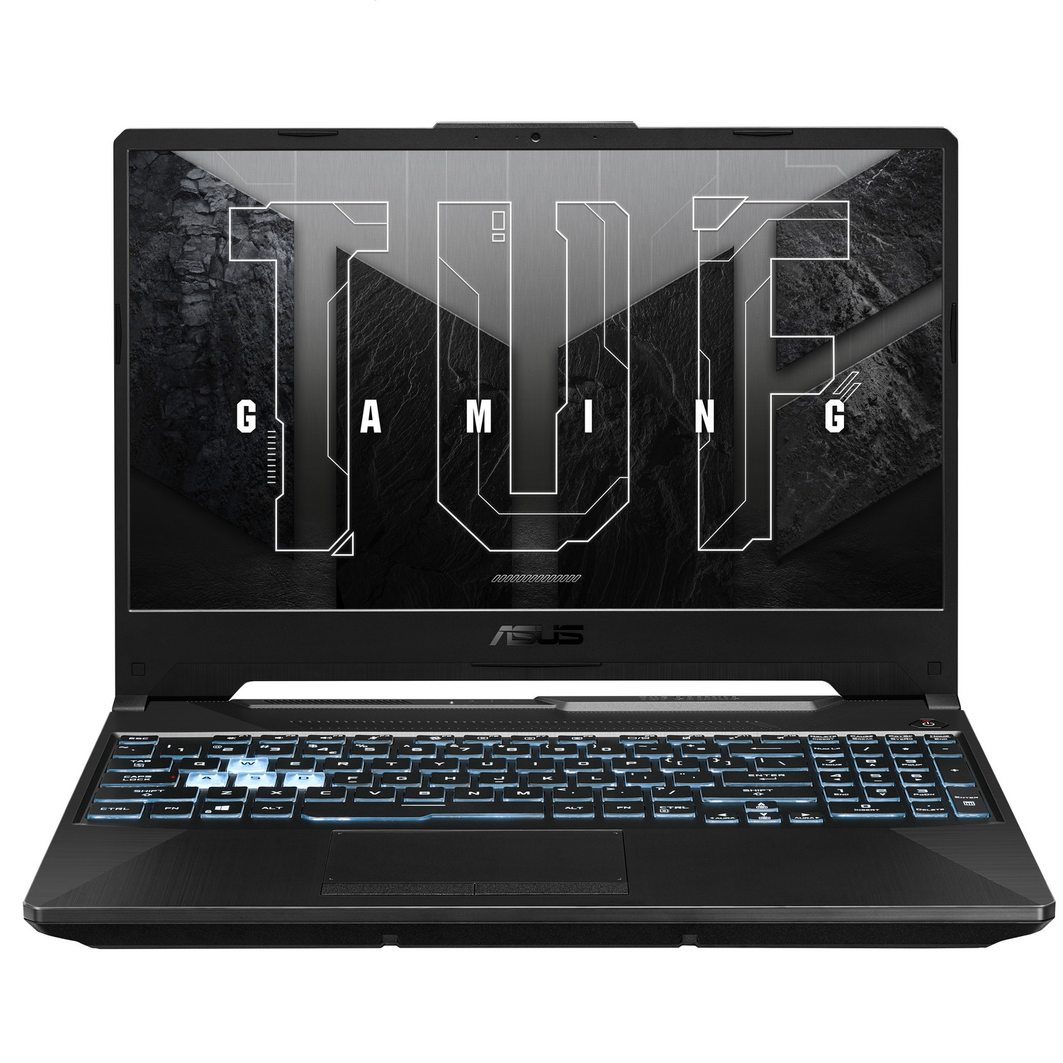 Portátil negro con teclado iluminado, mostrando pantalla negra/gris con logo TUF.