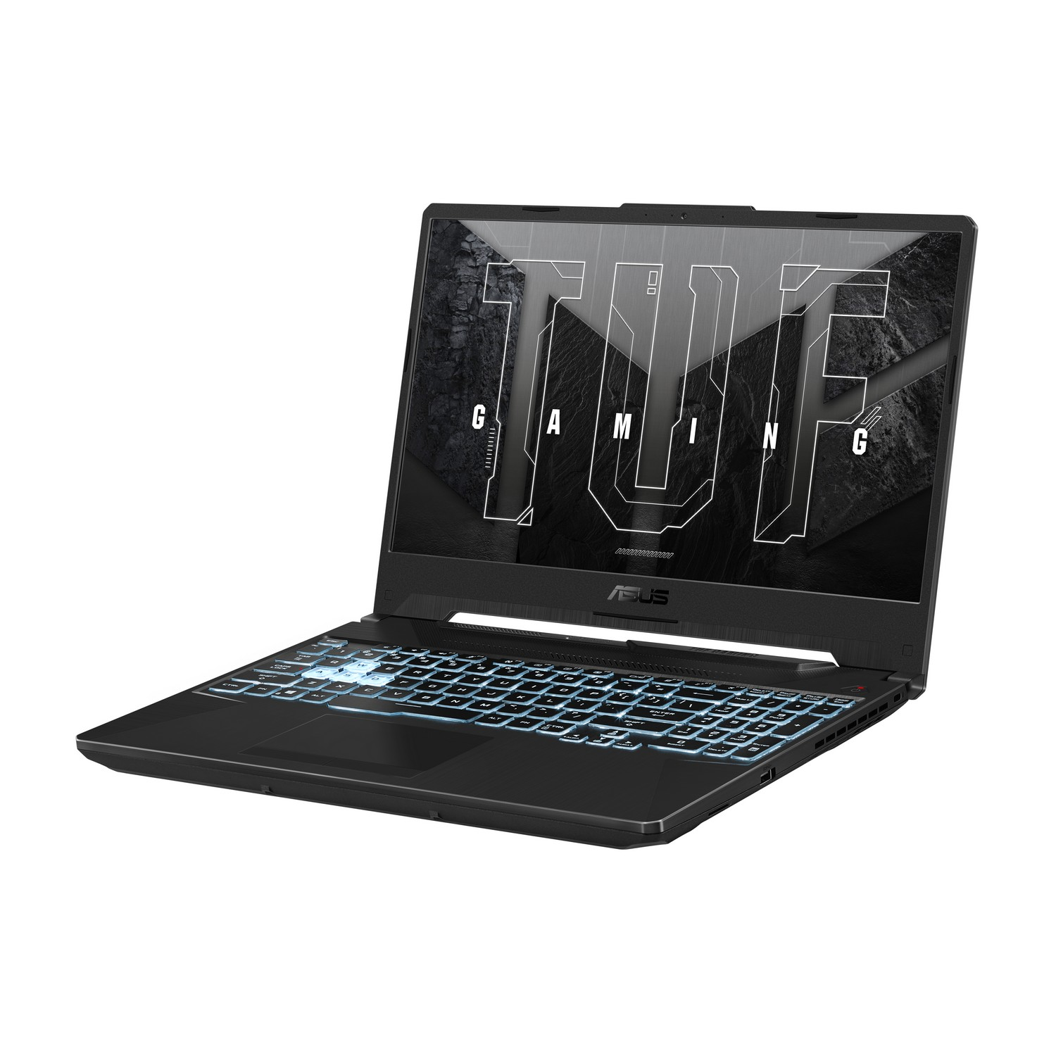 Un portátil ASUS negro abierto, mostrando teclado iluminado y pantalla con la palabra TUF.