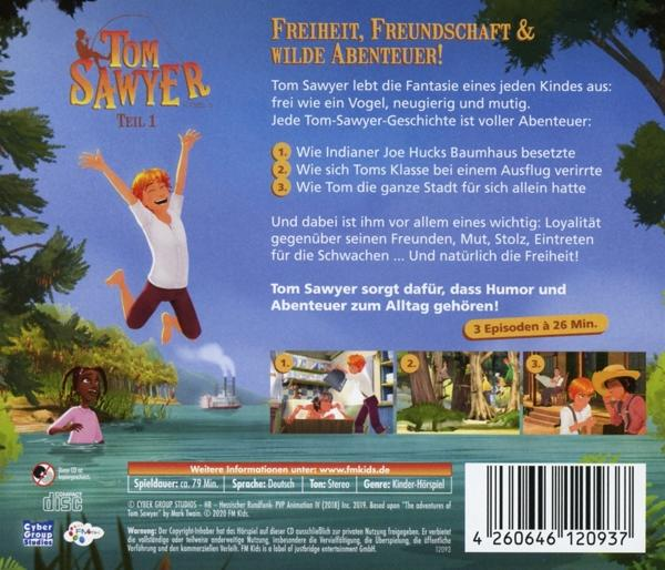 Rückseite einer Tom Sawyer DVD mit Illustrationen des Buches und einer Zusammenfassung.