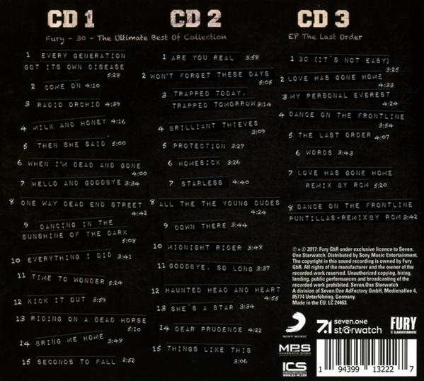CD-Cover mit Titellisten aus dem Album Fury - 30 - The Ultimate Best Of Collection.