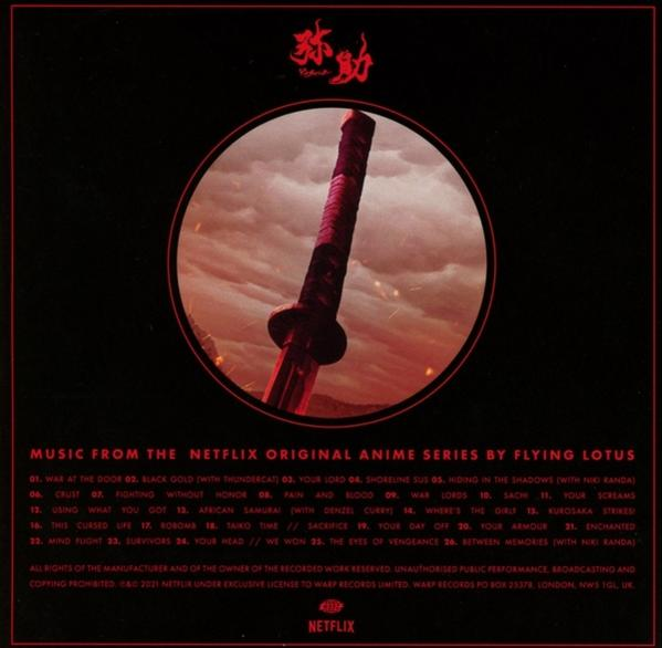 Ein CD-Cover mit einem roten Schwert und japanischem Text. Der Titel ist auf Englisch. Dunkelrote und schwarze Farben.