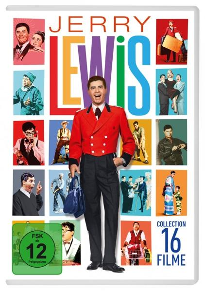 DVD-Cover der Jerry Lewis-Filmsammlung. Lewis trägt eine rote Uniform, viele Filmstills umgeben ihn.