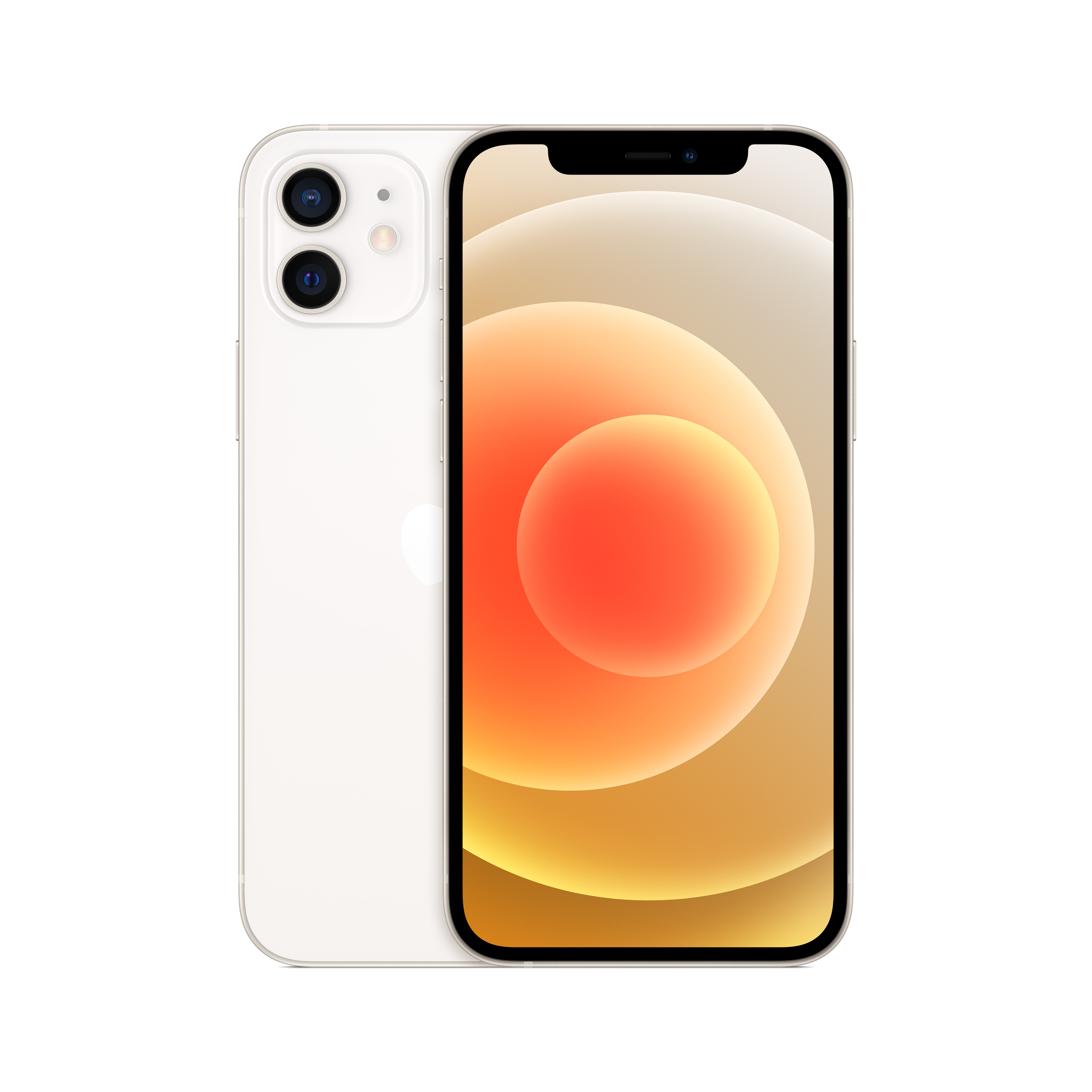 iPhone 12 blanco con pantalla naranja y amarilla, aislado sobre fondo negro.
