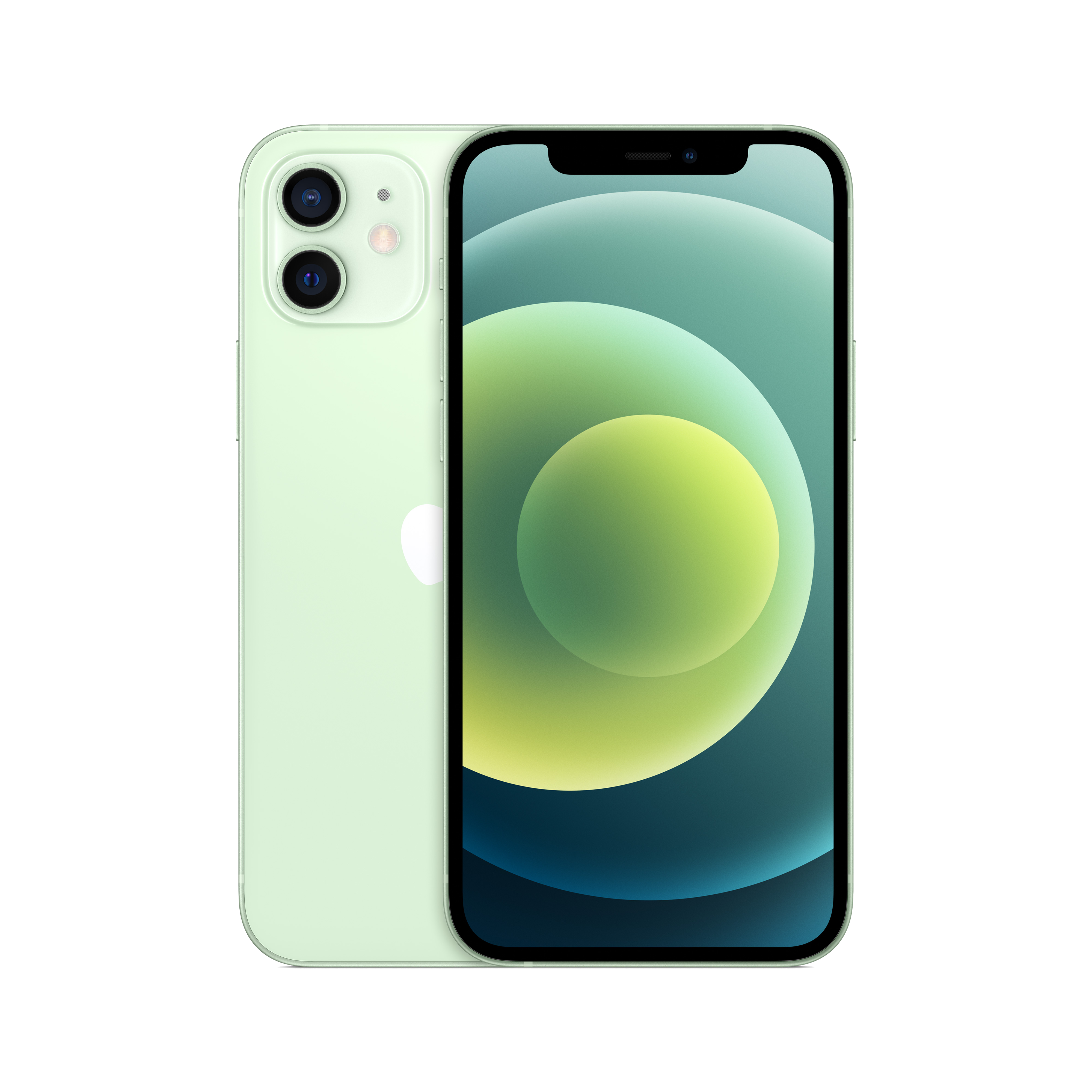 Un iPhone verde menta, mostrando la parte trasera y la pantalla frontal.