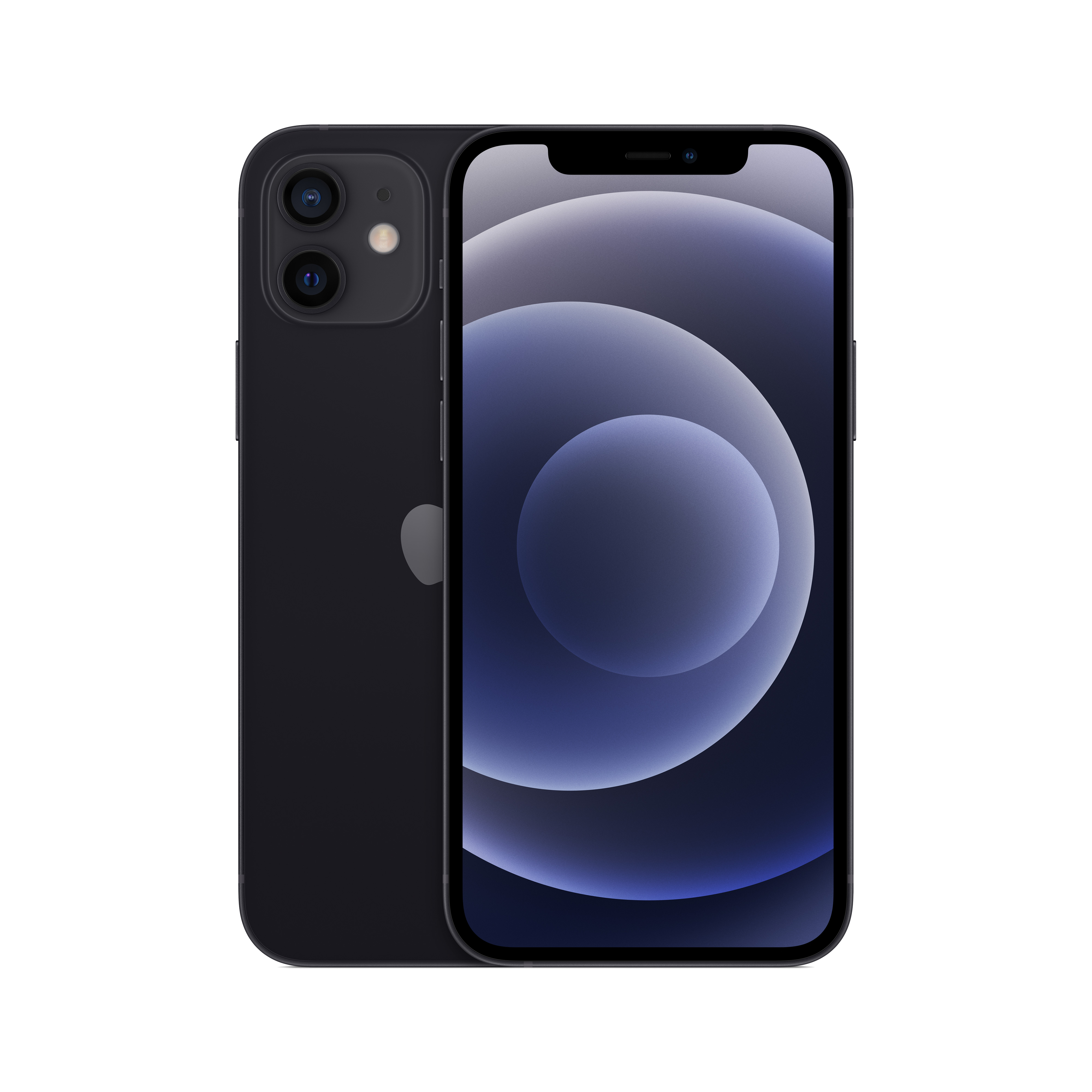 iPhone 12 negro con dos cámaras, mostrando la vista trasera y frontal.
