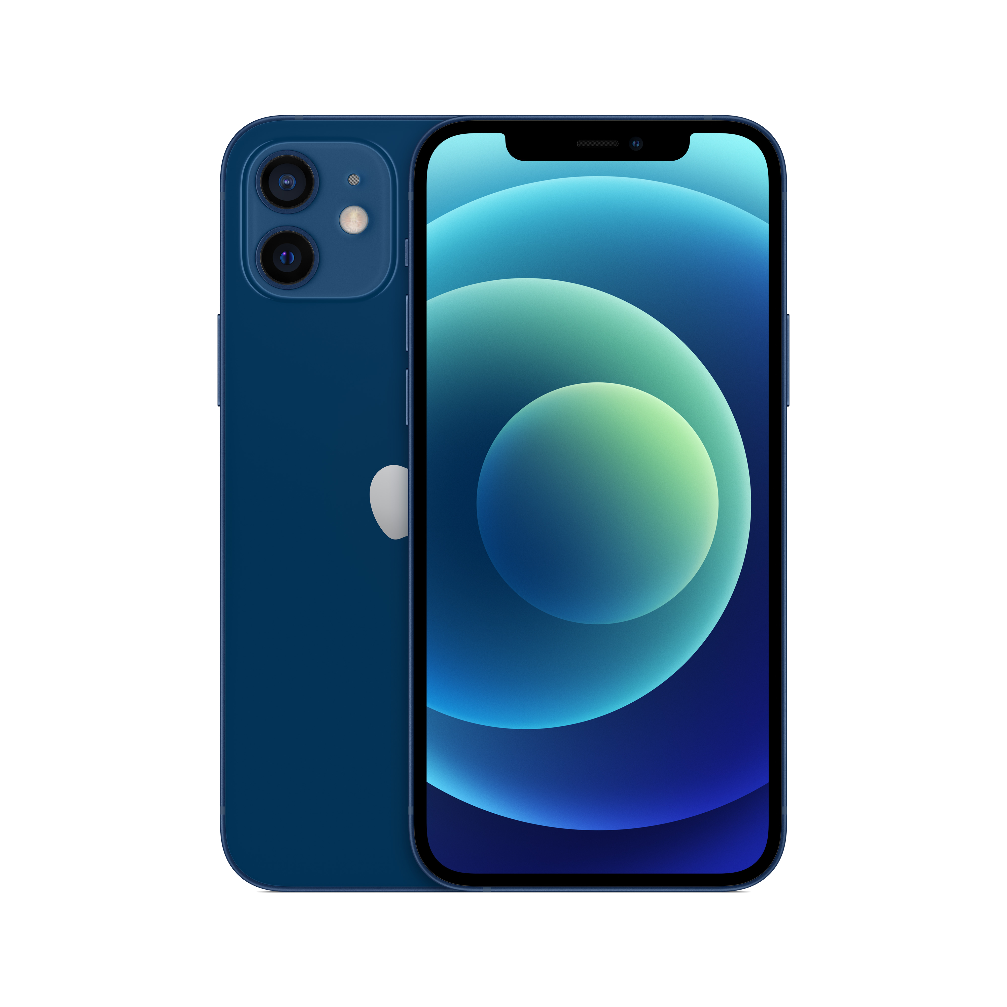 Dos smartphones azules. Uno muestra un fondo azul y blanco. El otro muestra la parte trasera del teléfono.