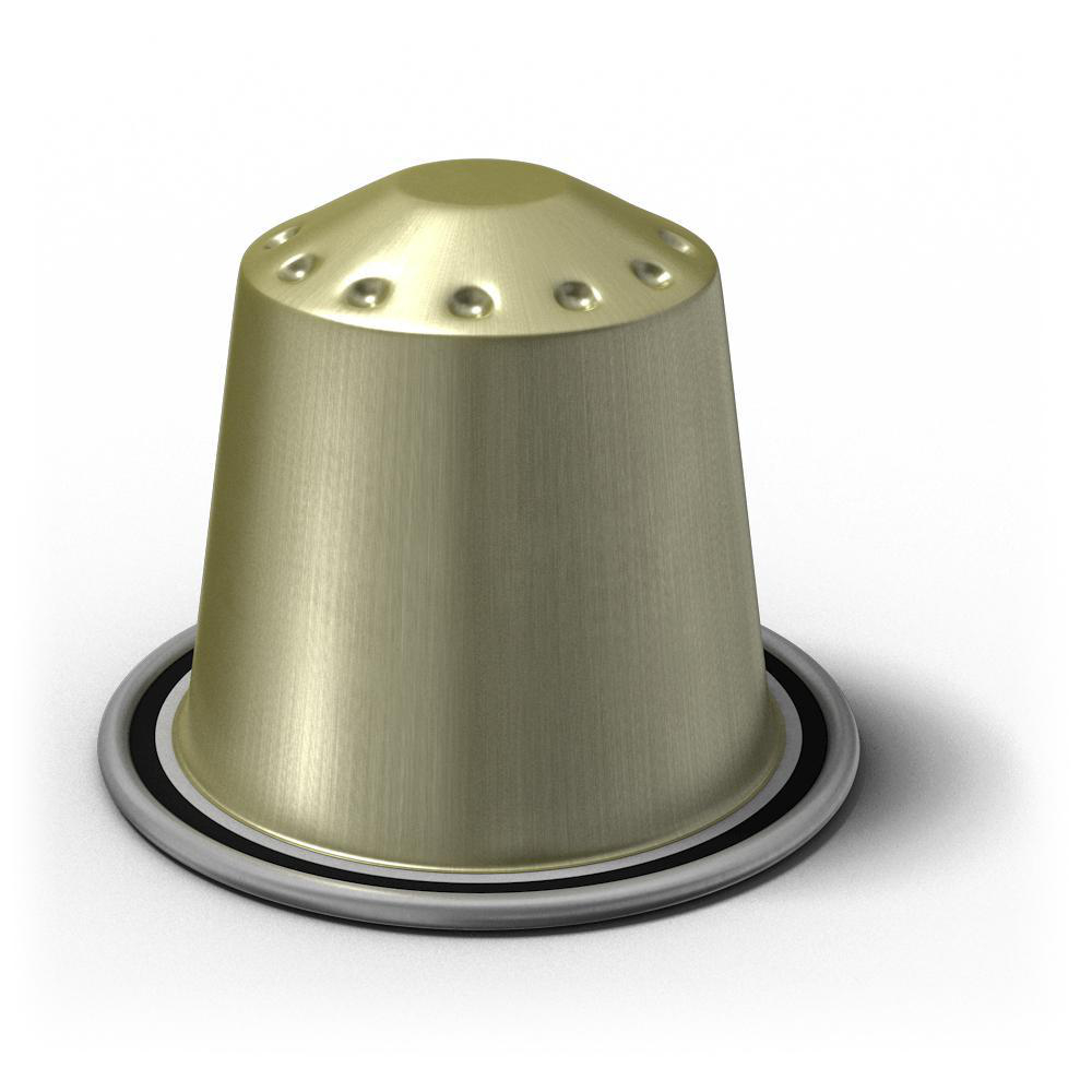 Eine goldene Kaffeekapsel auf einer weißen Oberfläche mit einem schwarzen Ring um die untere Basis.