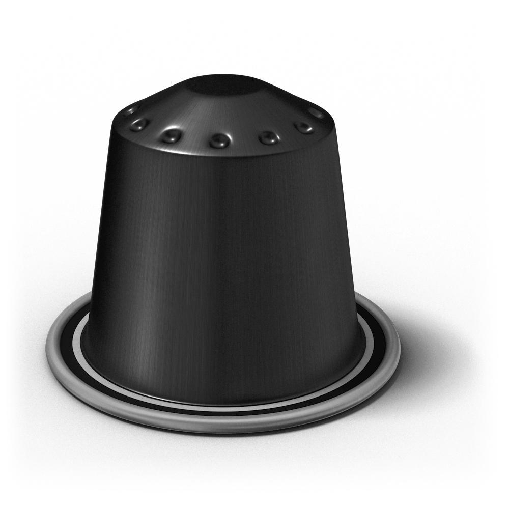 Eine schwarze Kaffeekapsel mit silbernem Rand, isoliert auf Weiß.