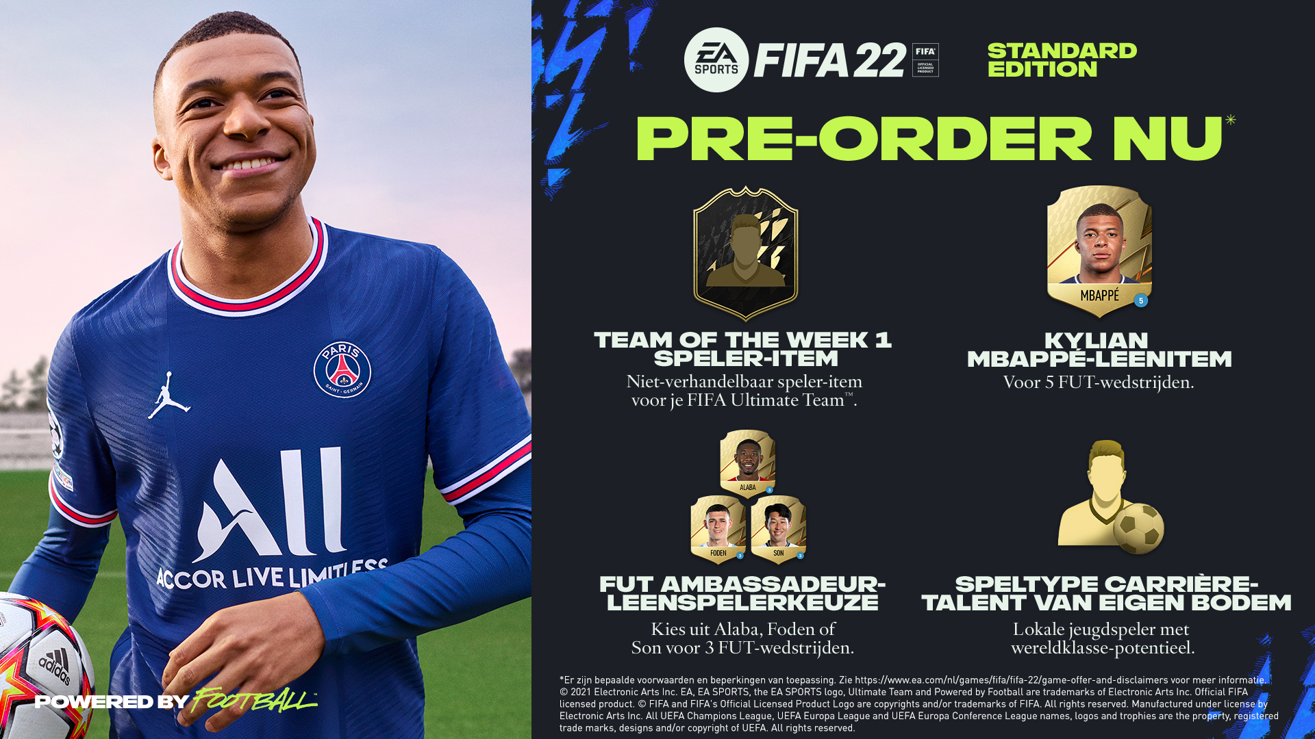 Een advertentie voor FIFA 22. Het bevat Kylian Mbappé en verschillende spelfuncties.