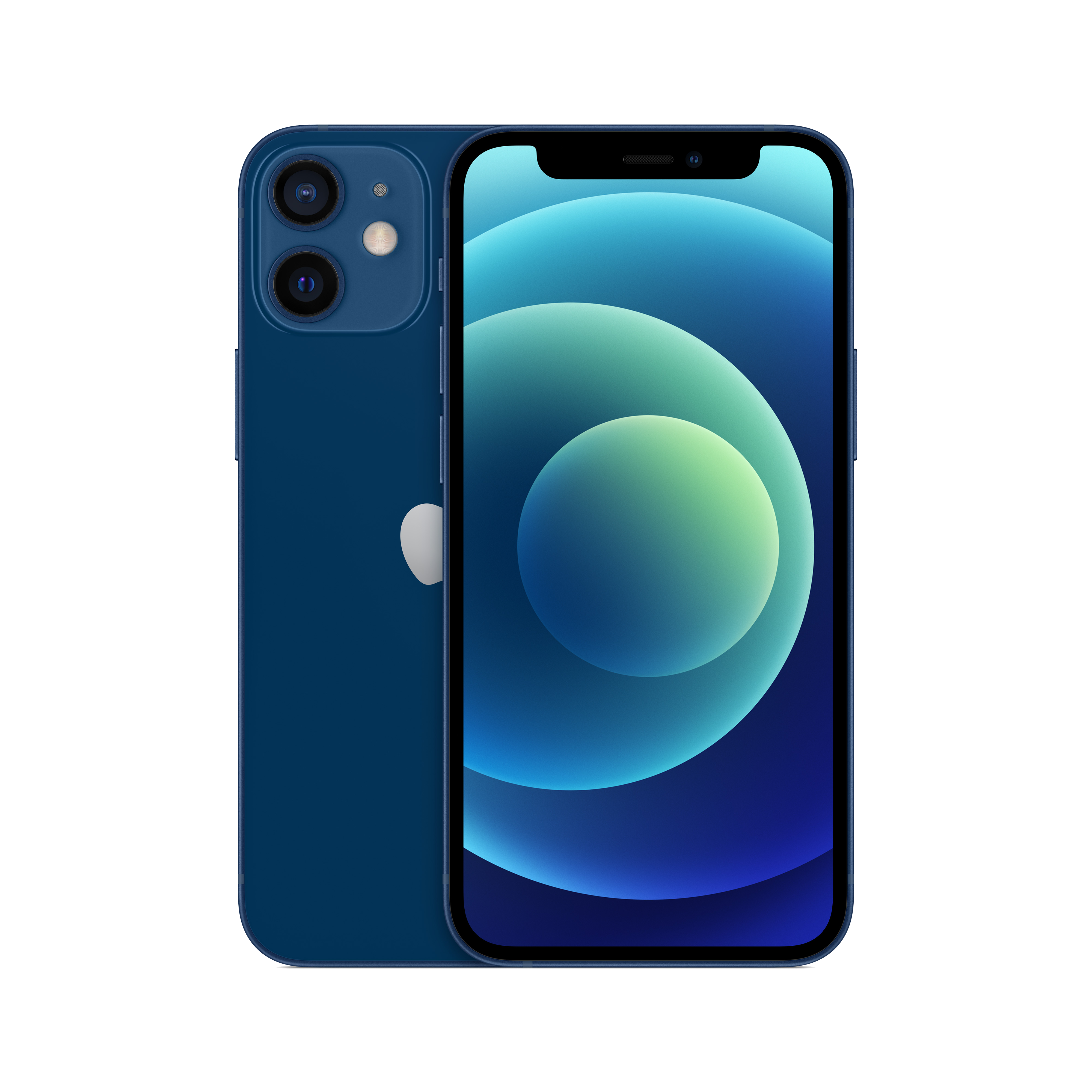iPhone 12 azul. El teléfono muestra la pantalla. Otro teléfono en el fondo.