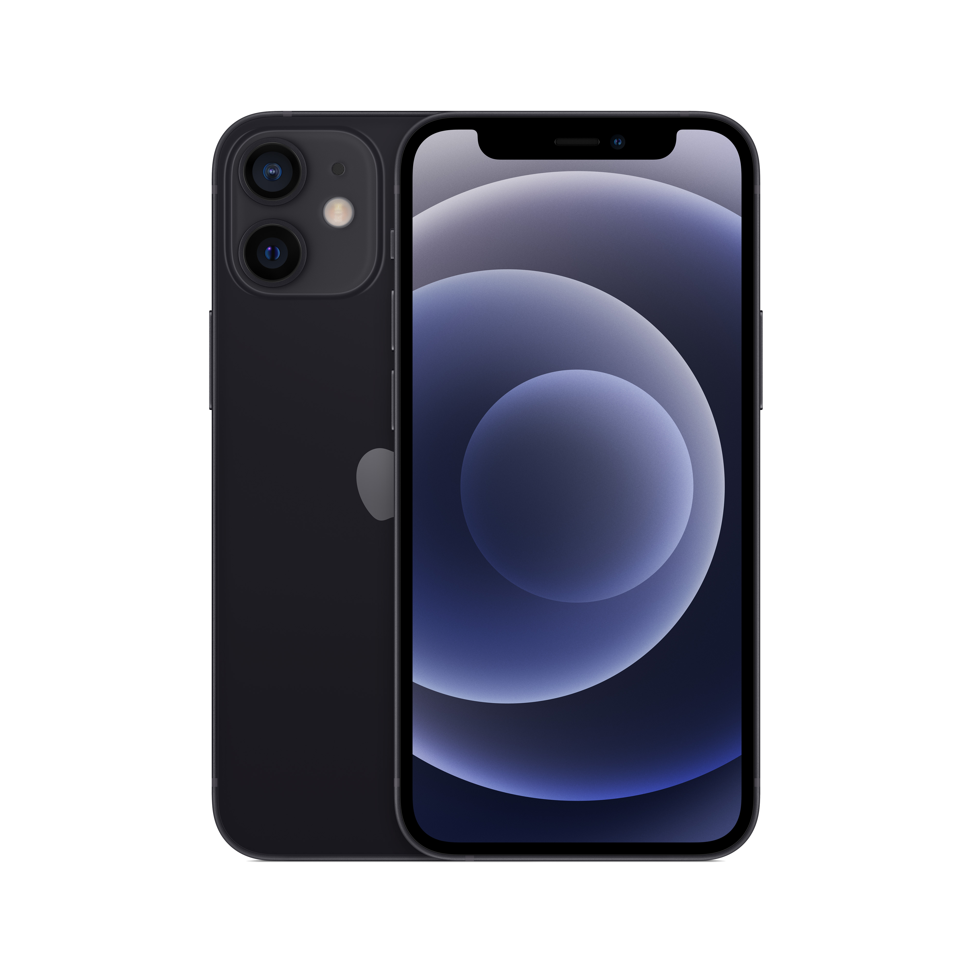 Un iPhone 12 negro con la parte trasera oscura y una pantalla azul claro.