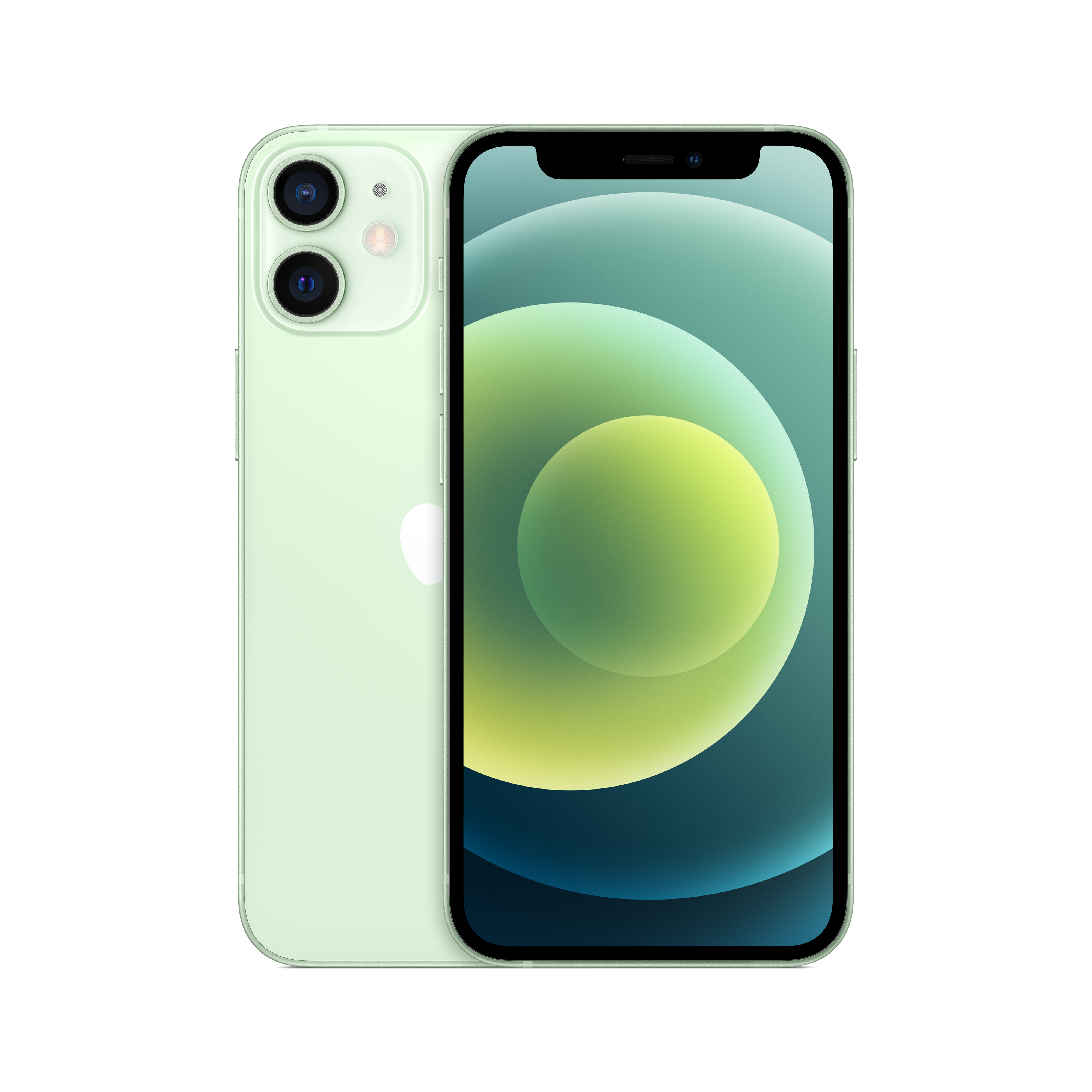 Un iPhone 12 verde menta sobre un fondo negro. La pantalla muestra un degradado verde y amarillo.