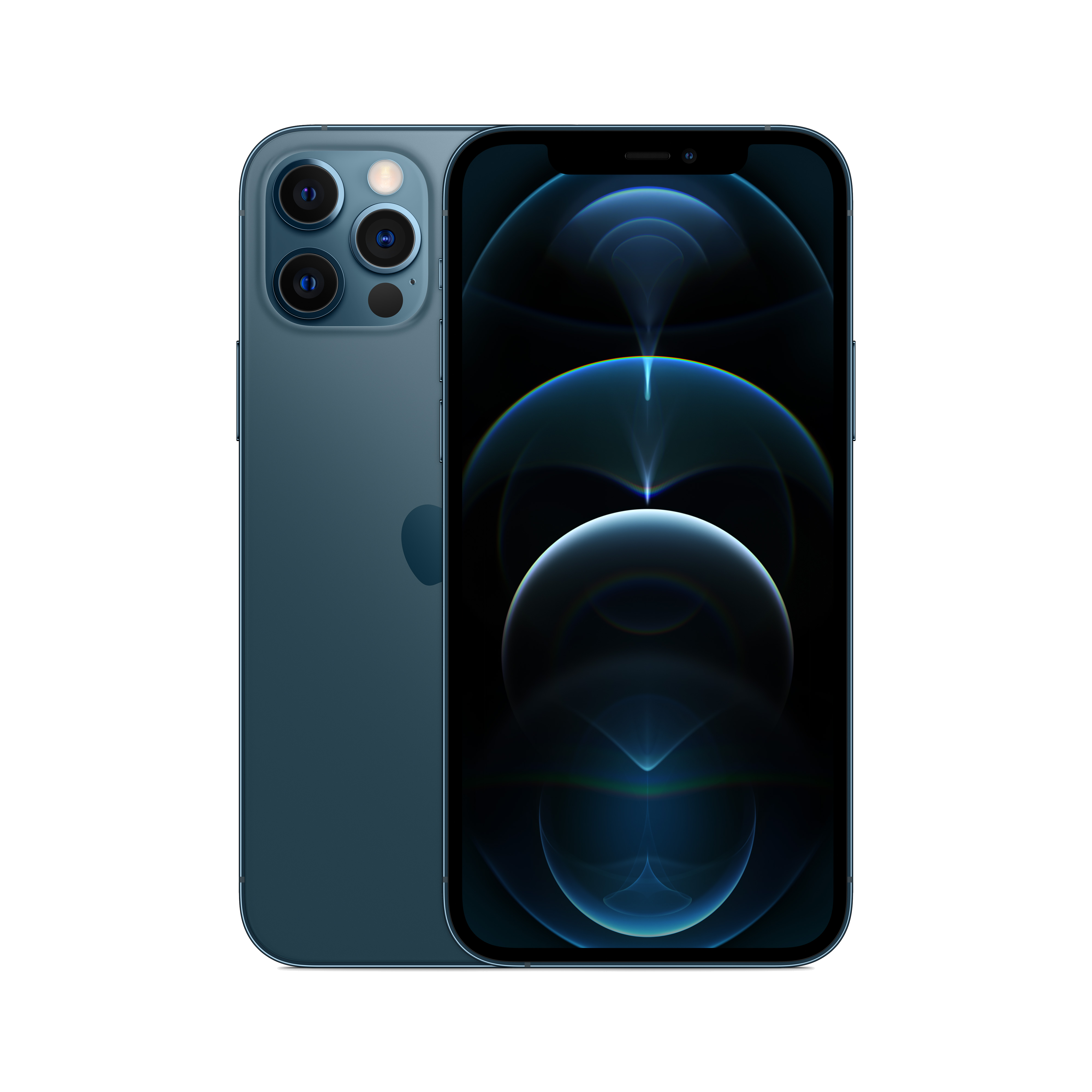 iPhone 12 Pro azul, vista trasera y frontal. La parte trasera tiene tres cámaras. La pantalla muestra un patrón azul.