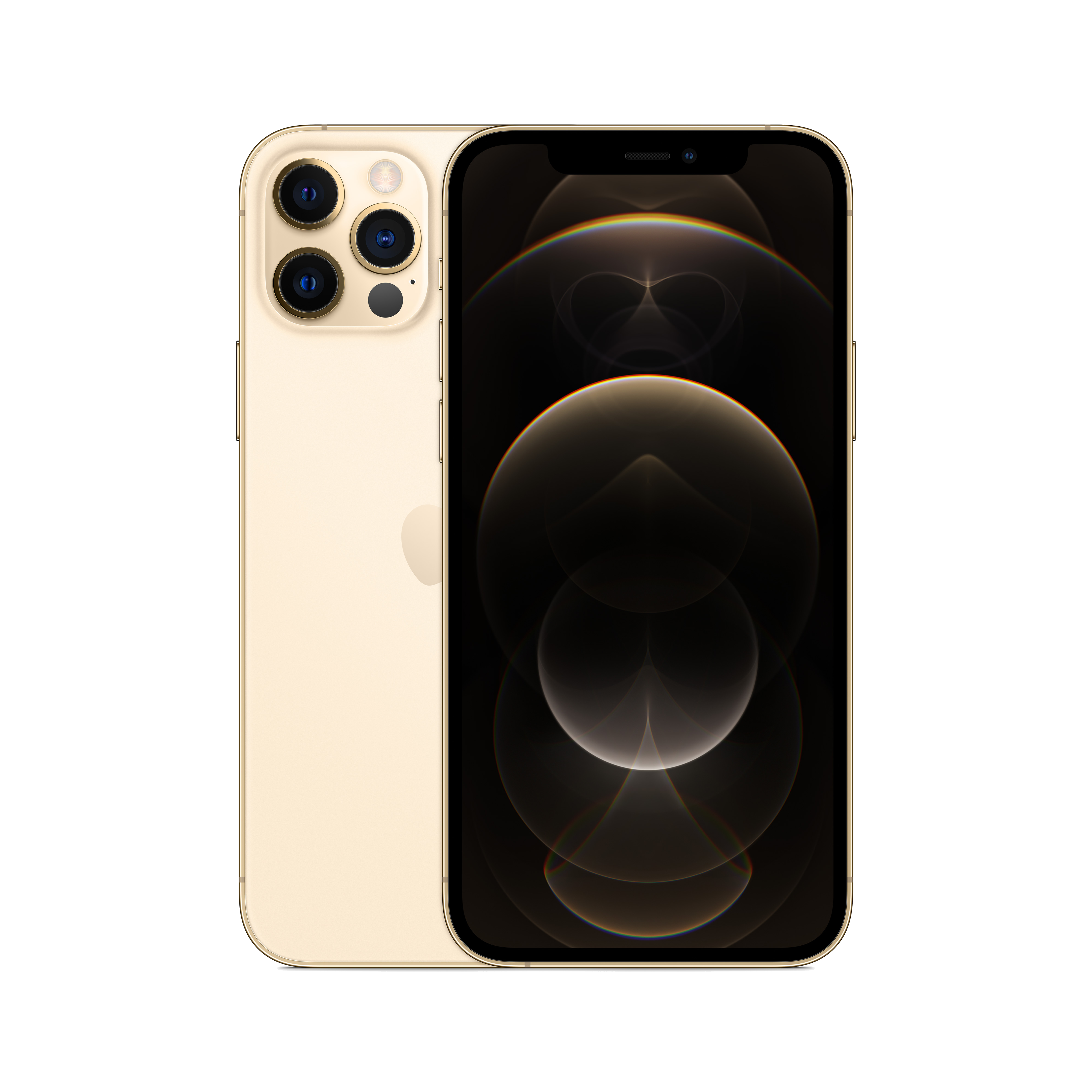 iPhone 12 Pro dorado, vista frontal y trasera, configuración de triple cámara, pantalla negra.