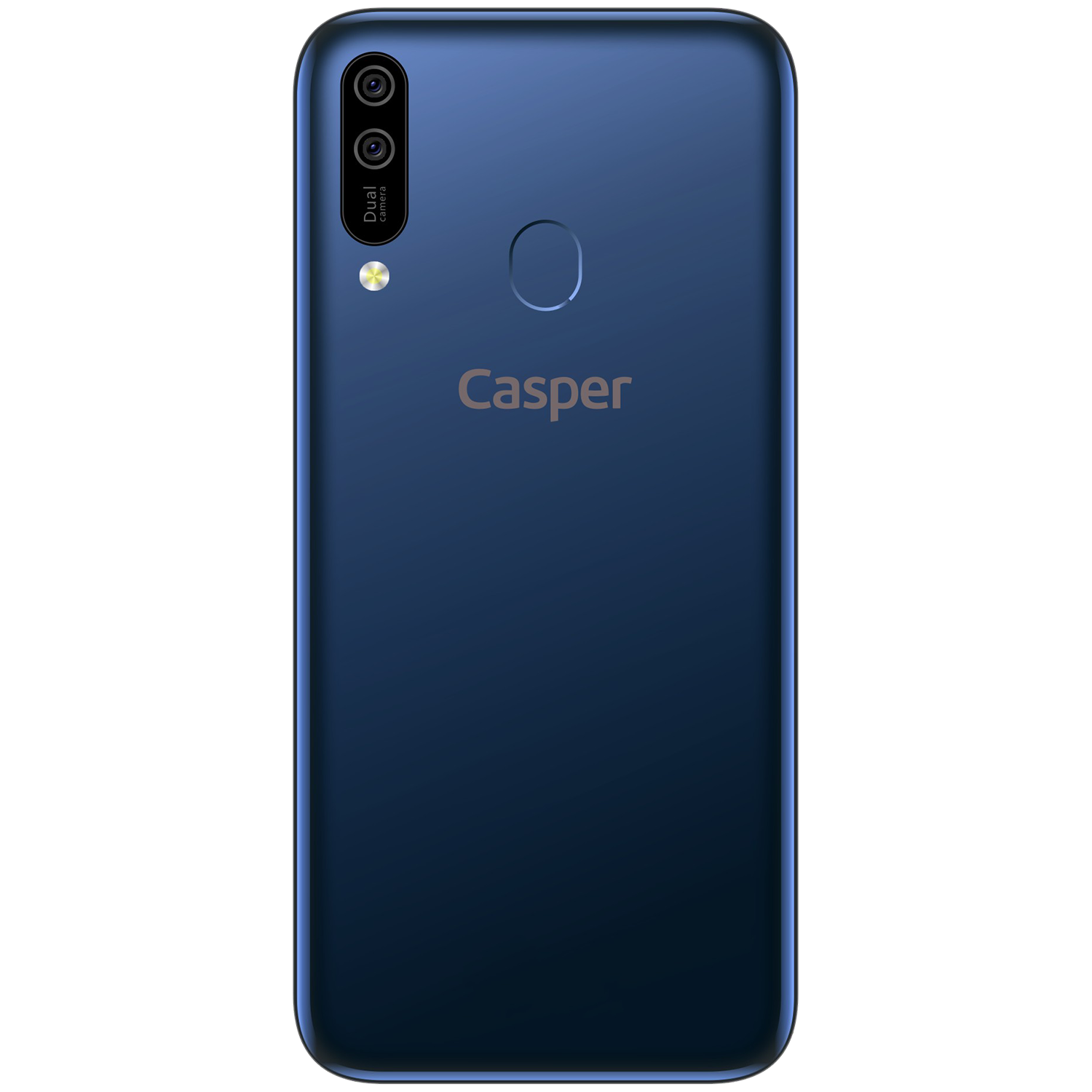 Mavi bir Casper akıllı telefonun arka görünümü. Çift kamera kurulumuna ve Casper logosuna sahip.