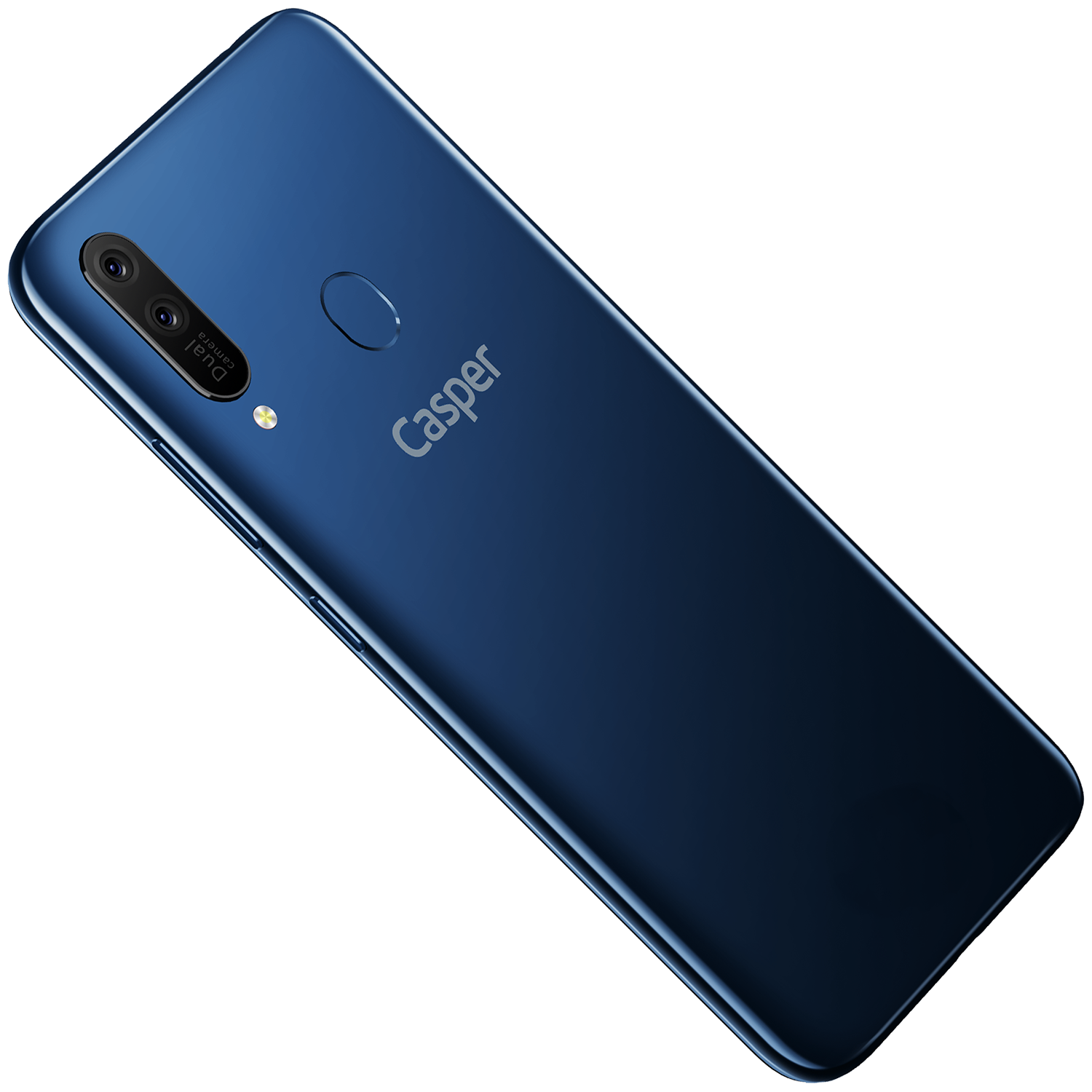 Siyah arka plan üzerinde çift kamera ve parmak izi sensörlü mavi Casper telefon arkası.