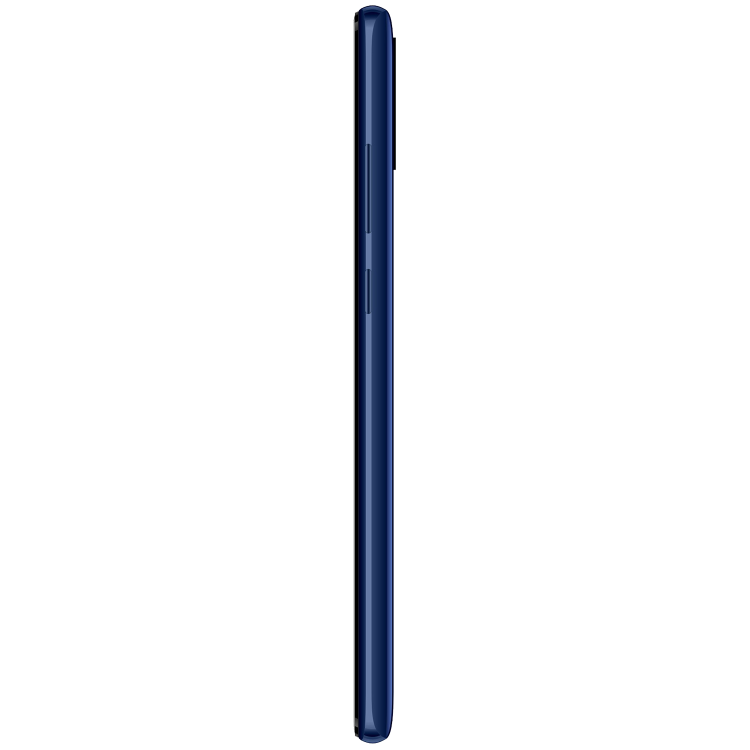 Siyah arka plan üzerinde, düğmeler ve şık bir tasarıma sahip mavi bir akıllı telefonun yan profili.