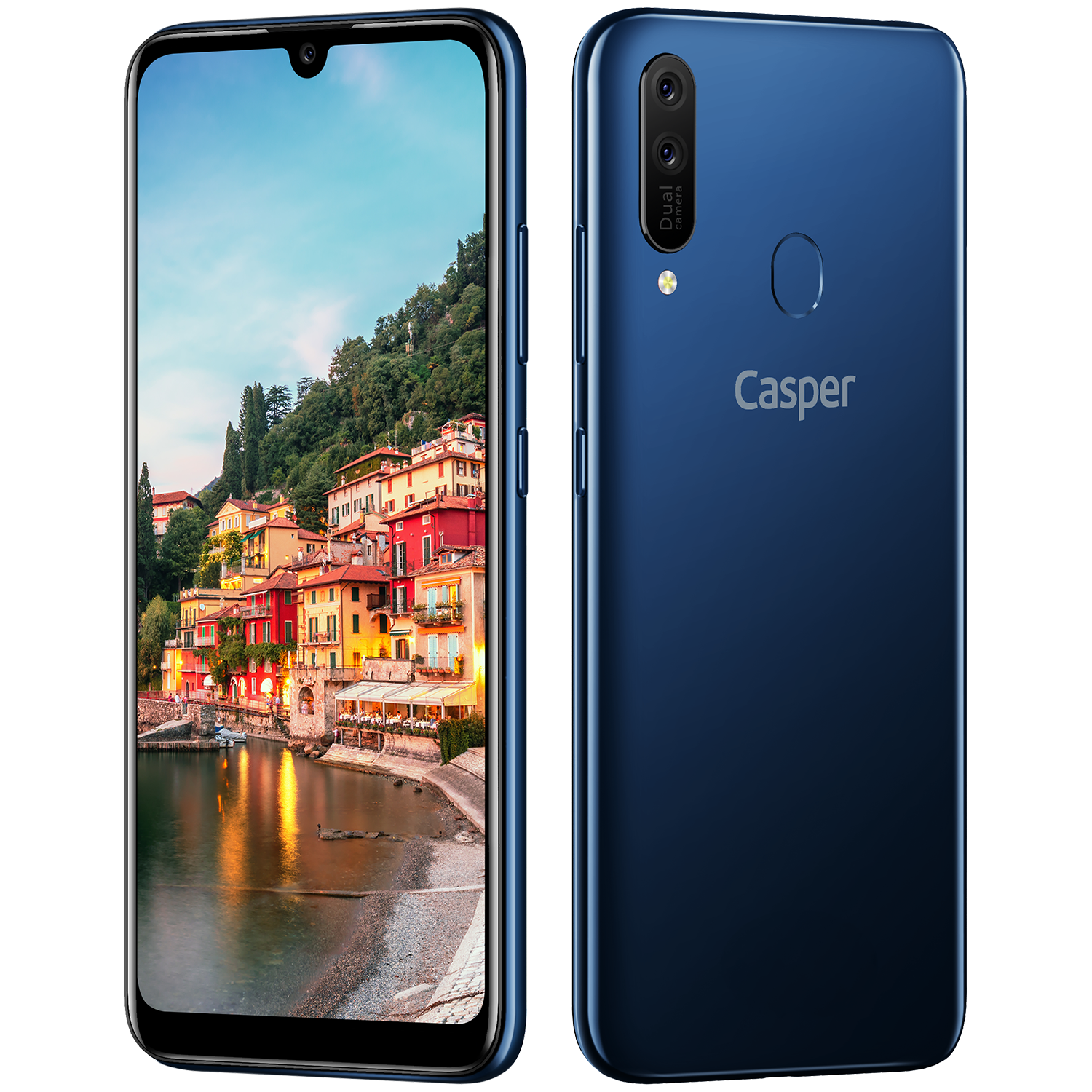 Renkli bir sahne gösteren mavi bir akıllı telefon ve çift kamera ve Casper logosu olan mavi bir arka yüz.