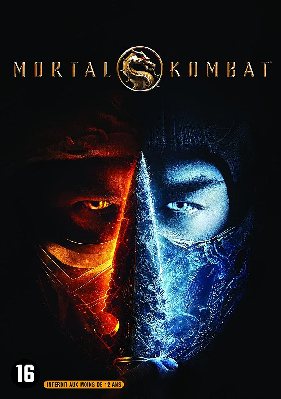 Mortal Kombat movie cover: faces split, one fiery, one icy, with logo and title text.