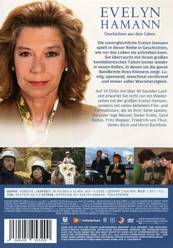 Ein Filmplakat mit Evelyn Hamann, mit Text über ihr Leben und ihre Comedy-Karriere.
