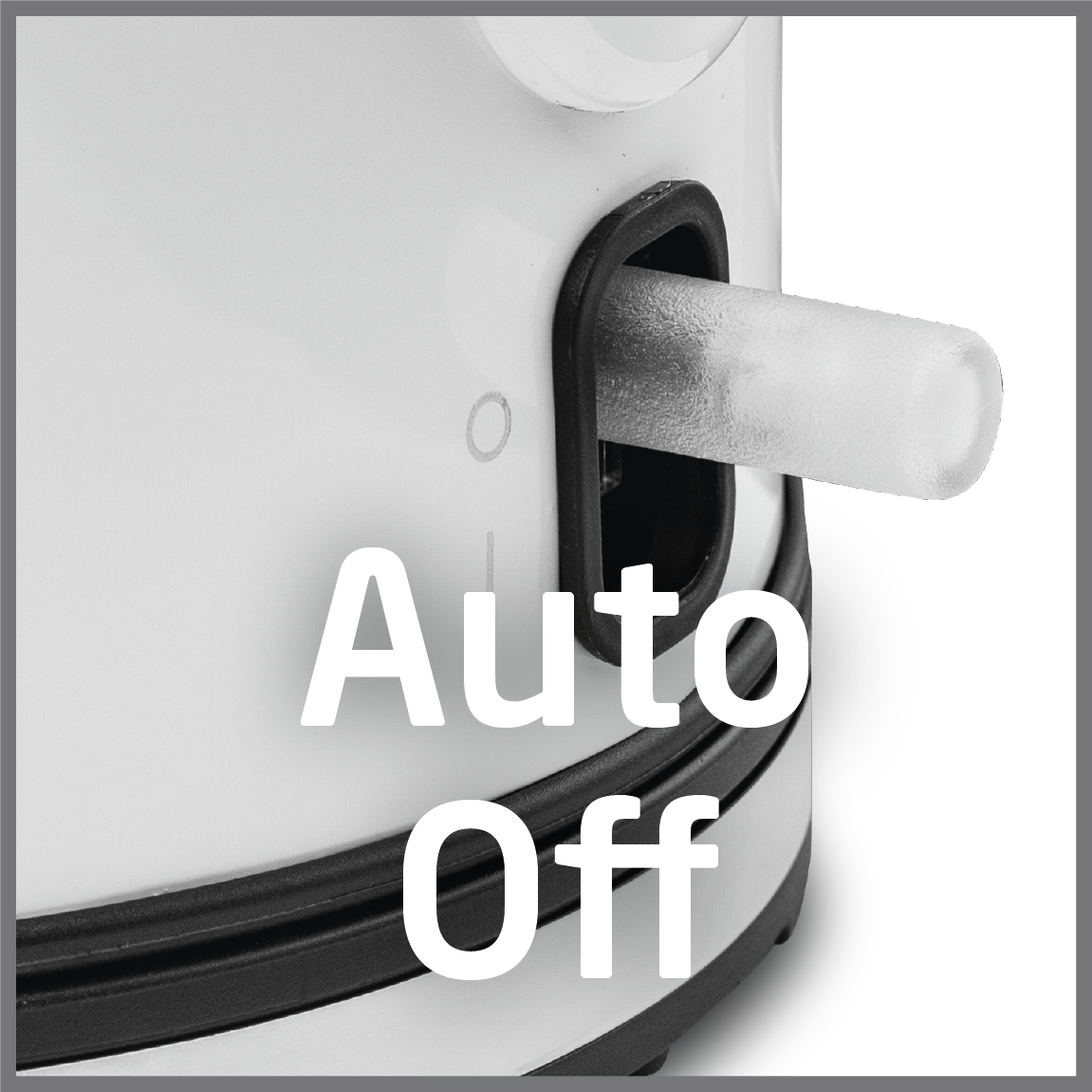 Fehér készülék fekete szegéllyel. Az Auto Off szavak vannak ráírva. Egy fehér pálca látható.